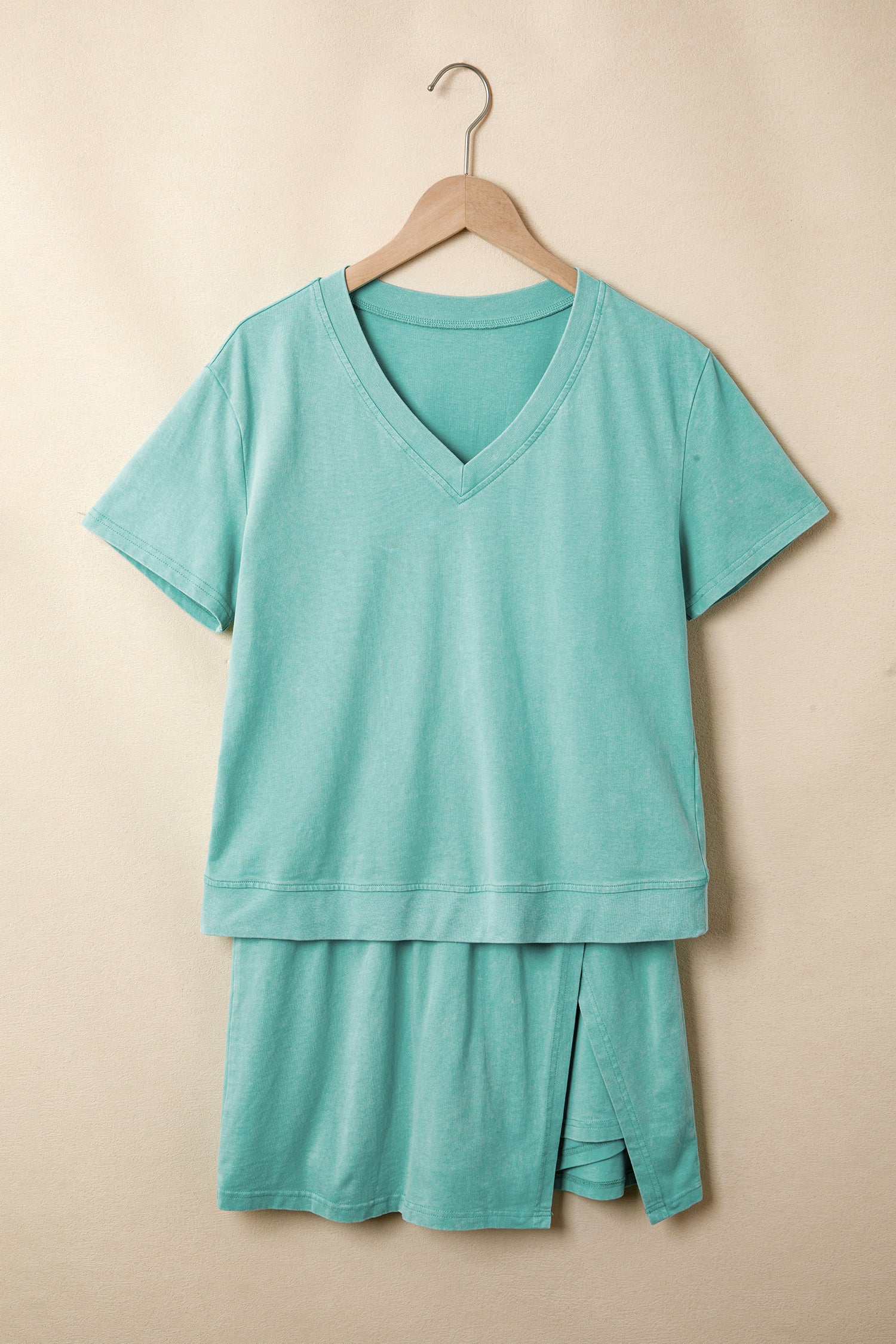 Light Pink Mineral Wash V Neck Tee Matching Skort Set