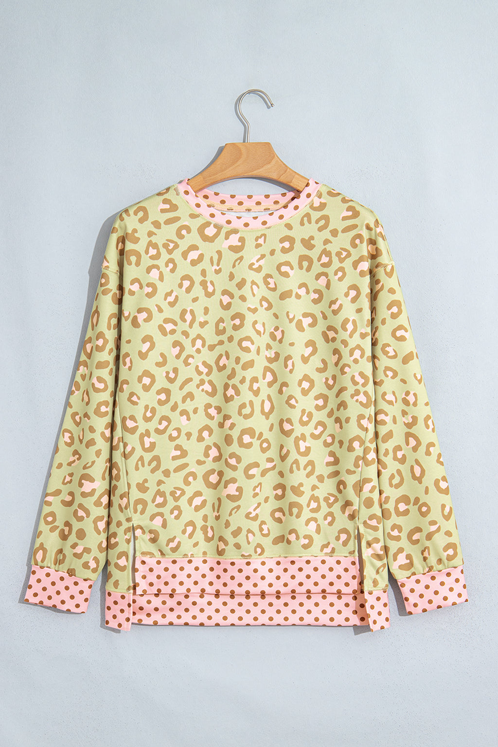 Khaki Leopard Polka Dot Colorblock Trim Long Sleeve Top