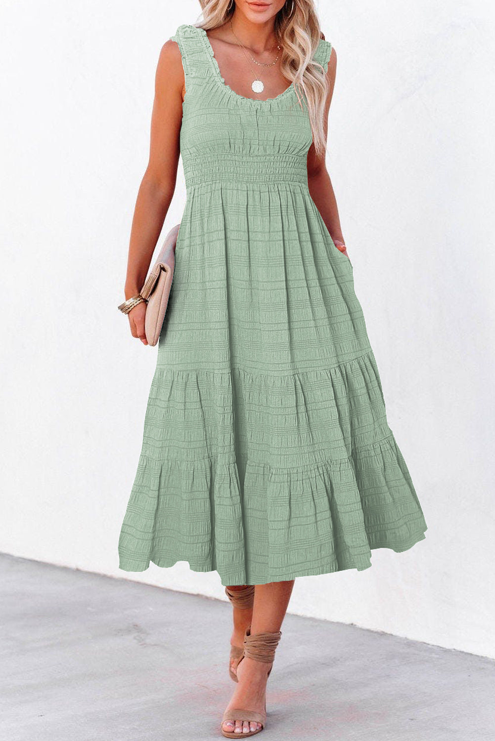 Rose Shirred Pleated Square Neck Sleeveless Midi Dress