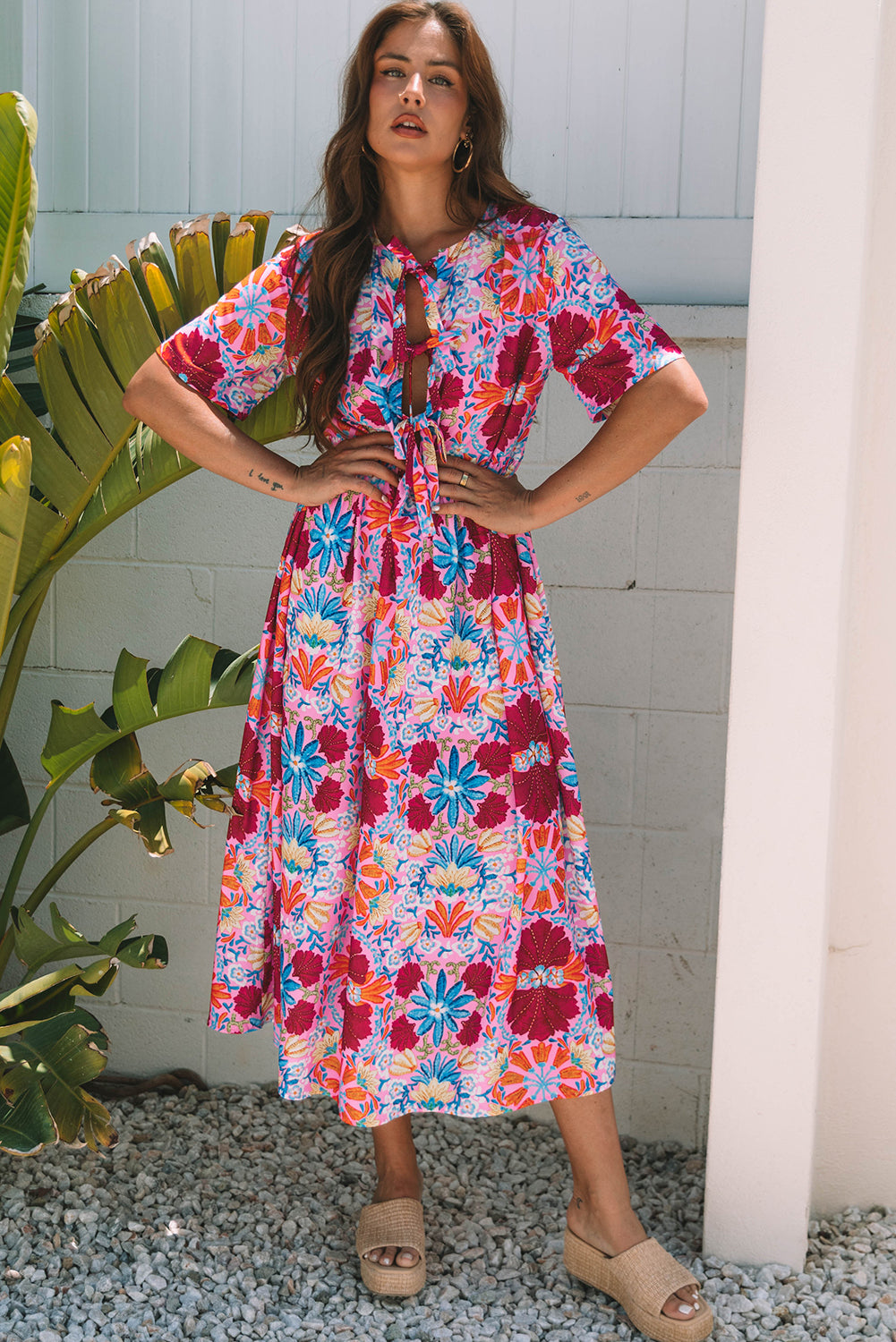 Rose Floral Tied Front High Waist Short Sleeve Loose Long Dress