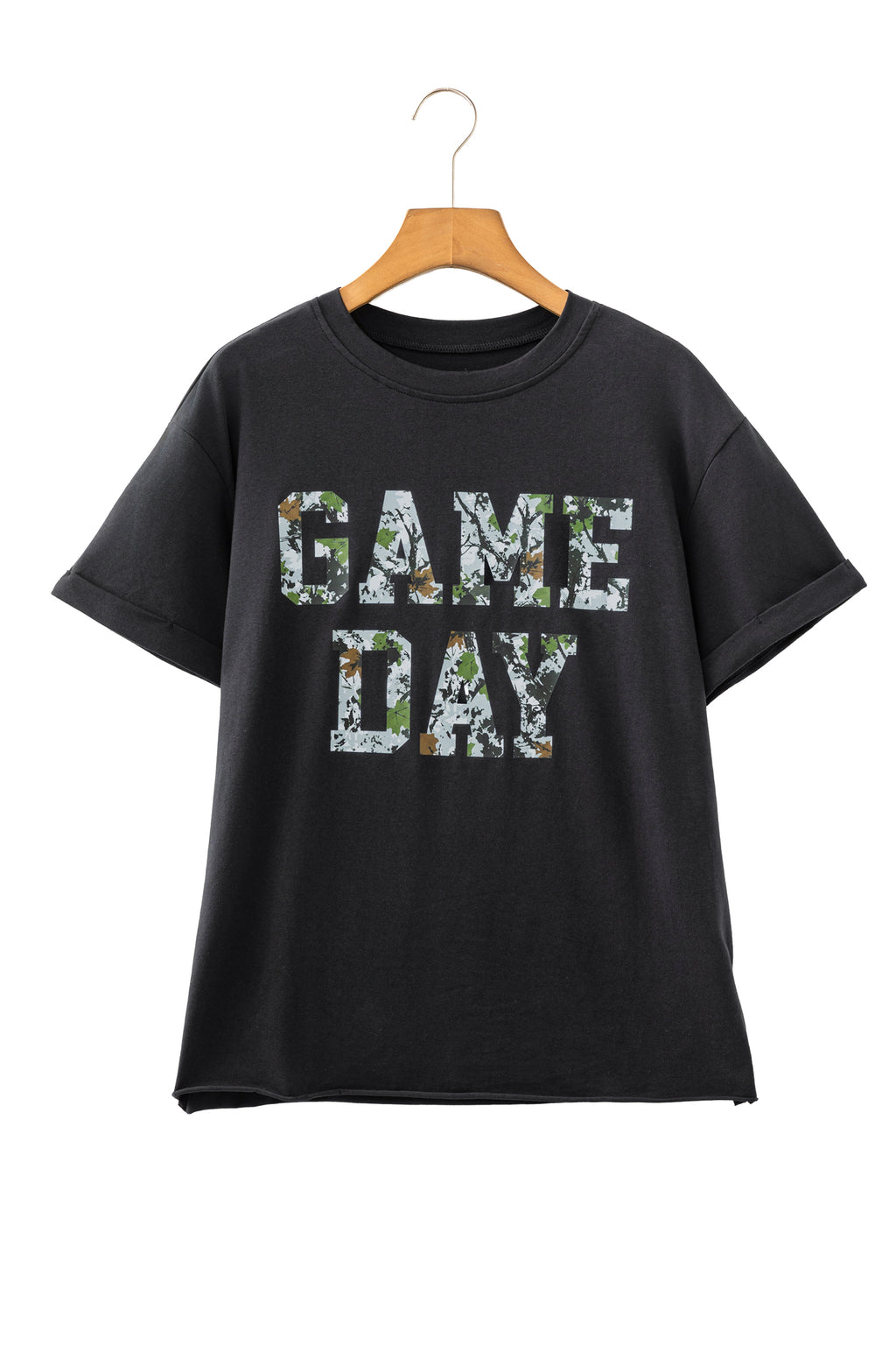Black Game Day Camo Letter Print Round Neck Casual T Shirt