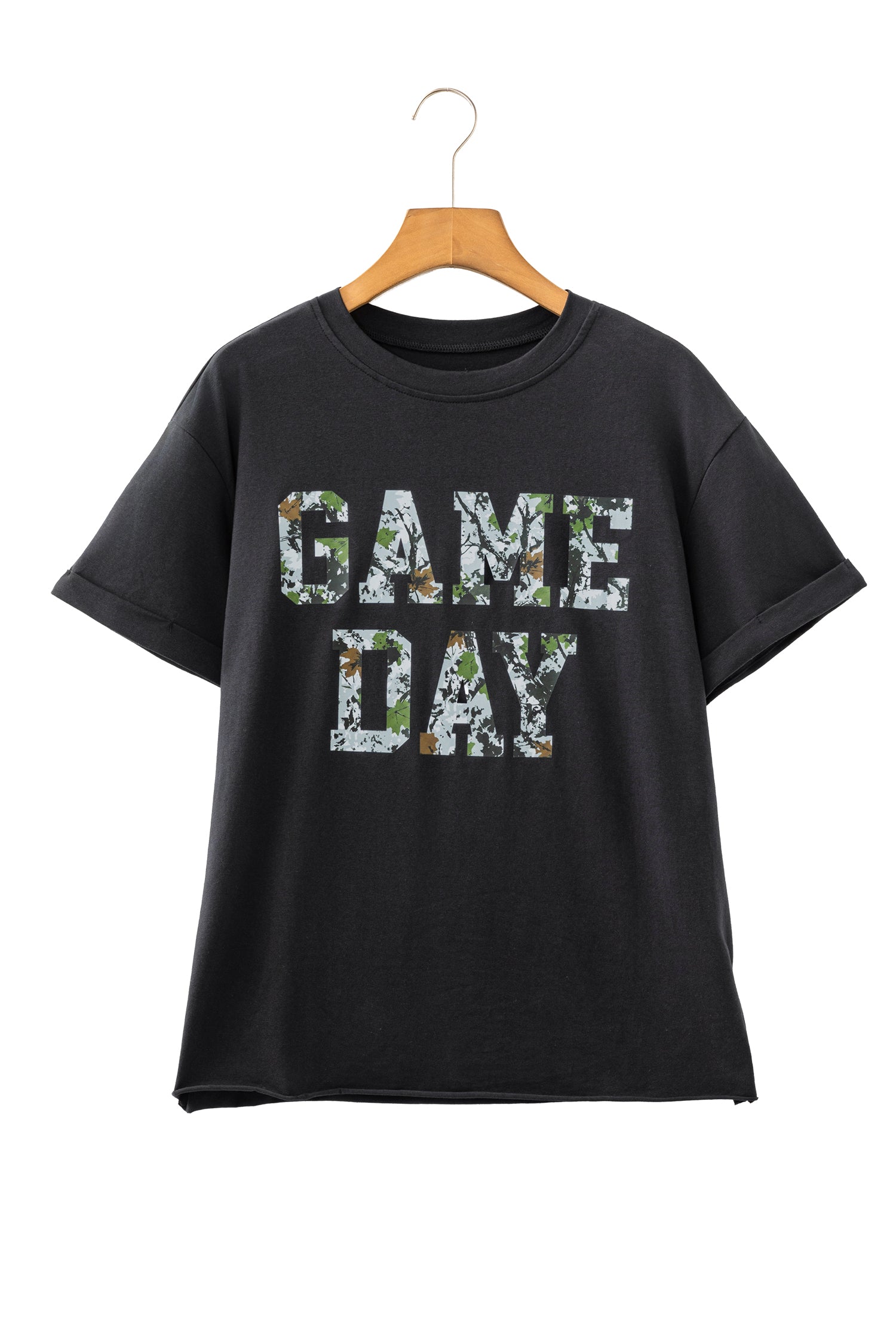 Black Game Day Camo Letter Print Round Neck Casual T Shirt