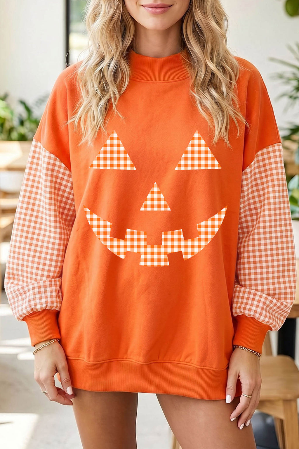 Russet Orange Plaid Sleeve Halloween Pumpkin Face Graphic Sweatshirt