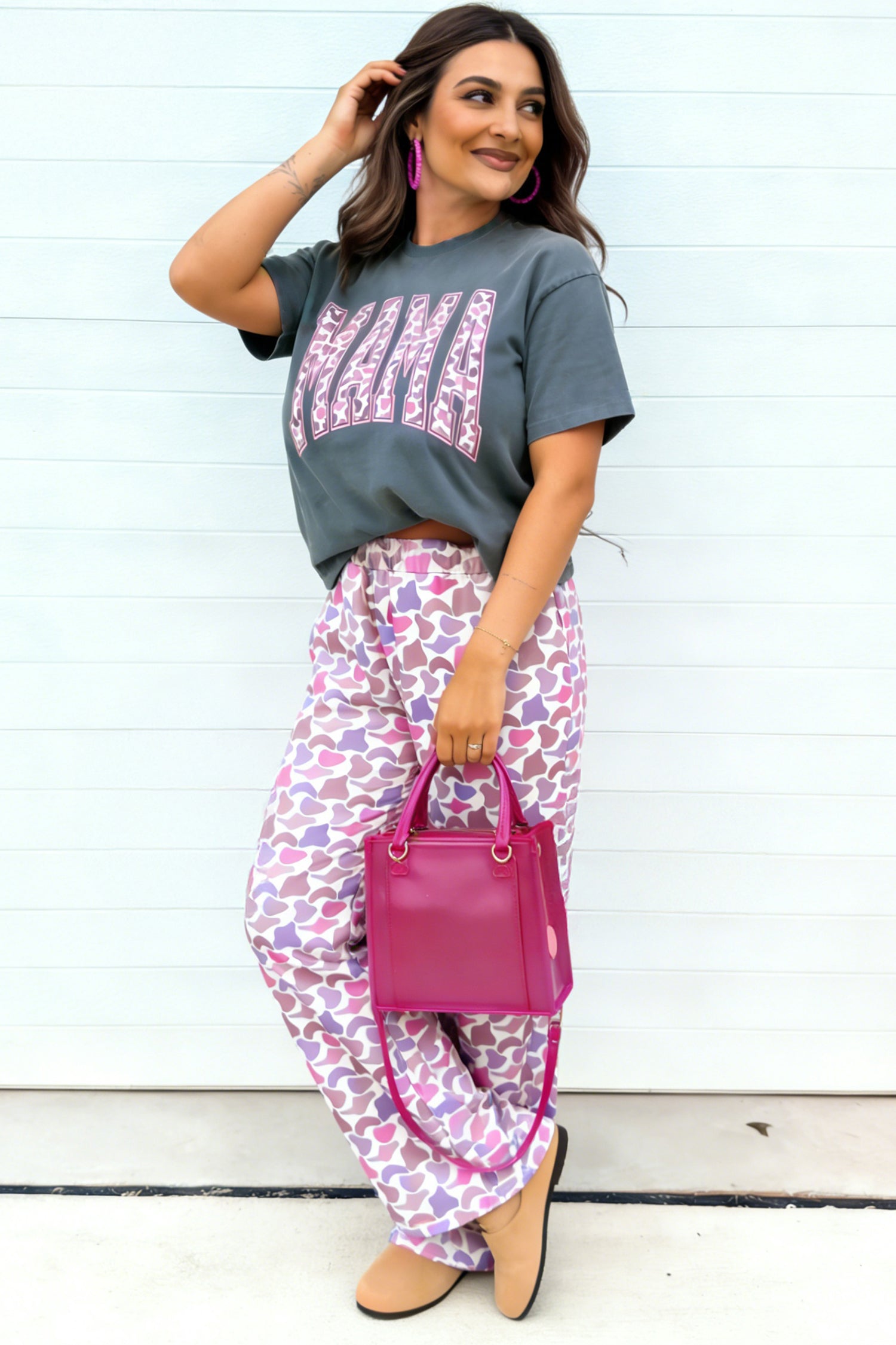 Medium Grey MAMA Letter Graphic Tee Camouflage Print Loose Pant Set