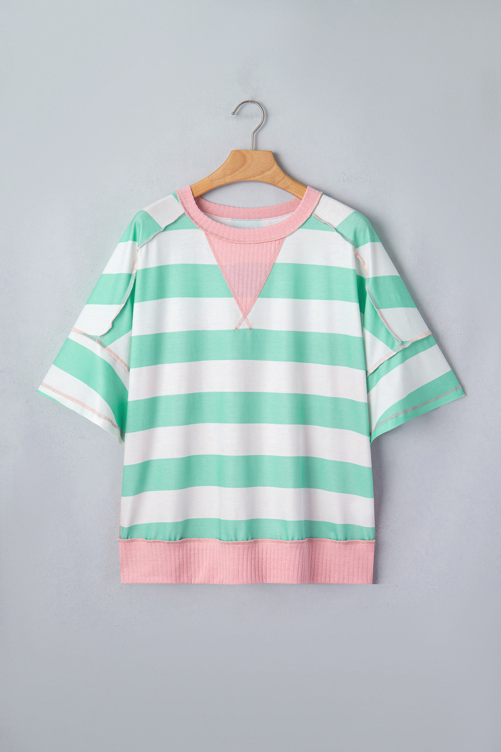 Pink Stripe Exposed Seam Ribbed Patchwork Oversized Tee