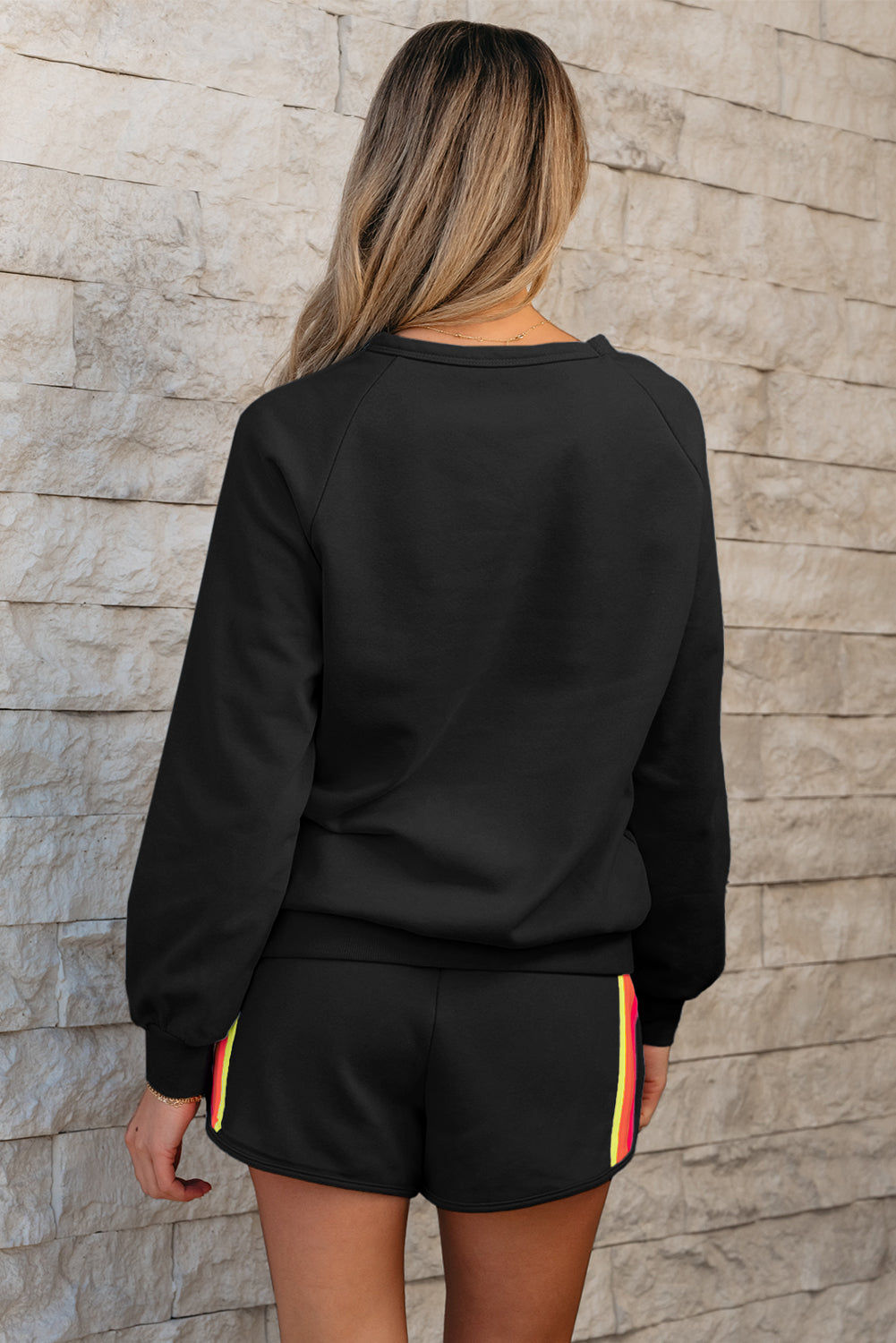 Black Striped Accent Pullover and Shorts Two Piece Casual Set