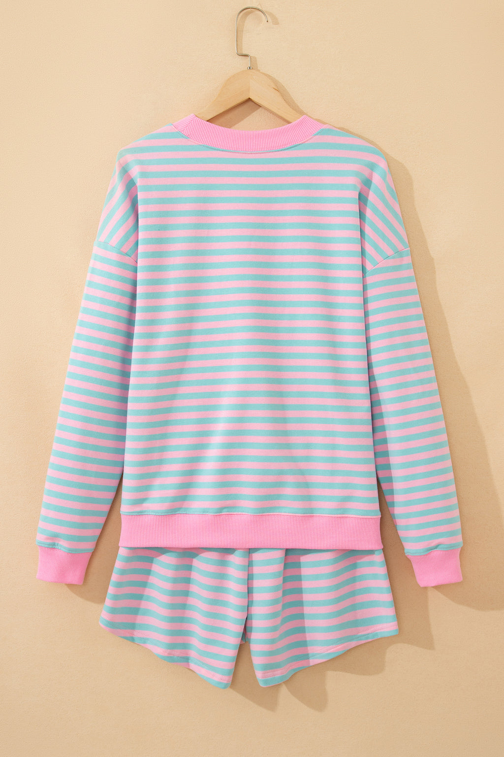 Green Stripe Color Block Detail Long Sleeve Pullover Elastic Waist Pull On Shorts 2pcs Set