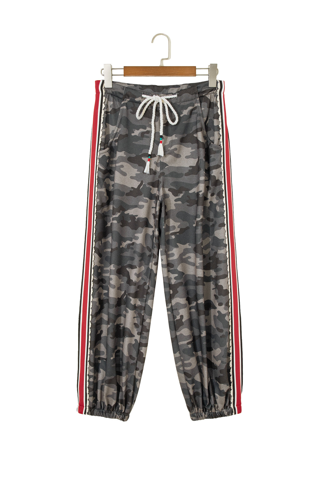 Green Camouflage Print Striped Side Panel Patchwork Drawstring Pants