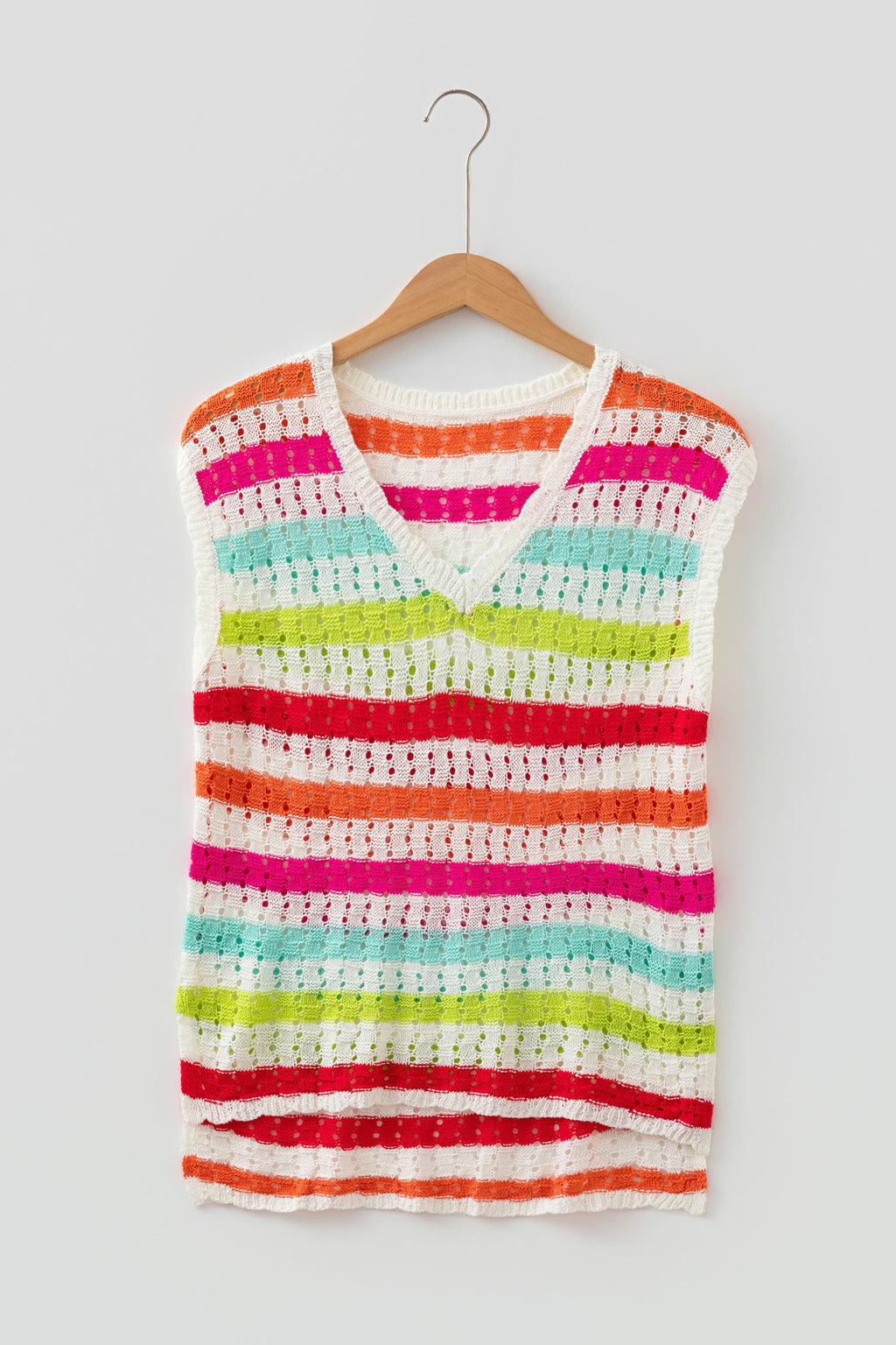 Multicolour Striped Eyelet Knit V Neck Sweater Tee