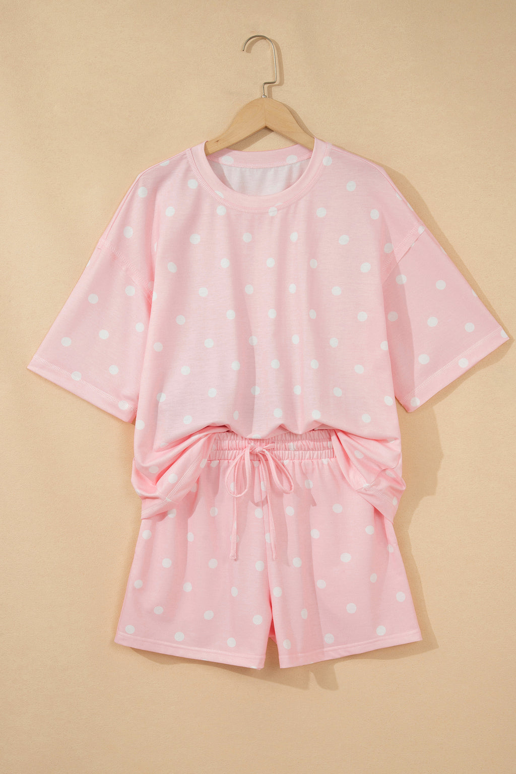 White Exposed Seam Detail Polka Dot Loose Tee Drawstring Shorts Set