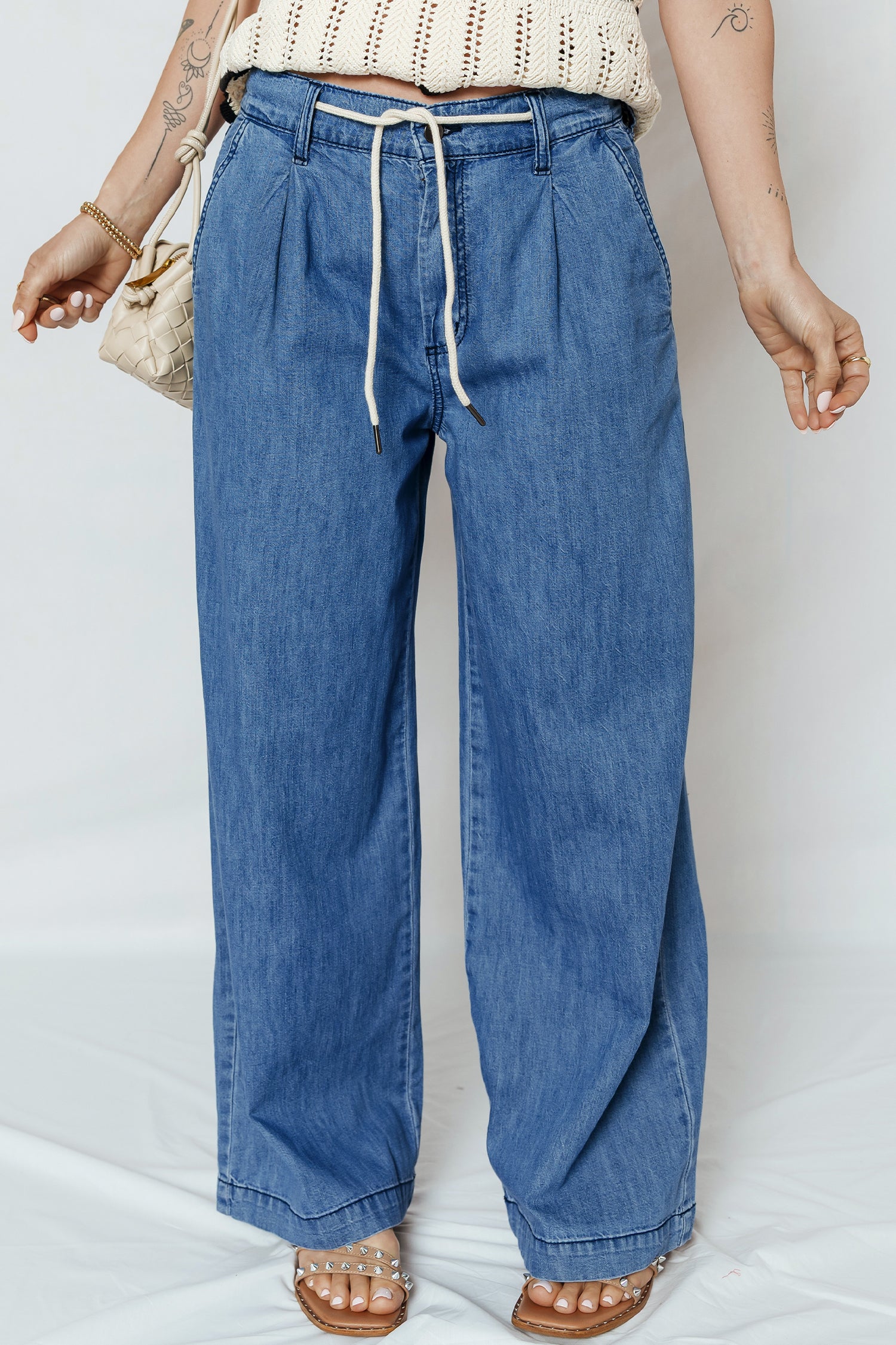 Dusk Blue Lace-up Pull on Wide Leg Jeans