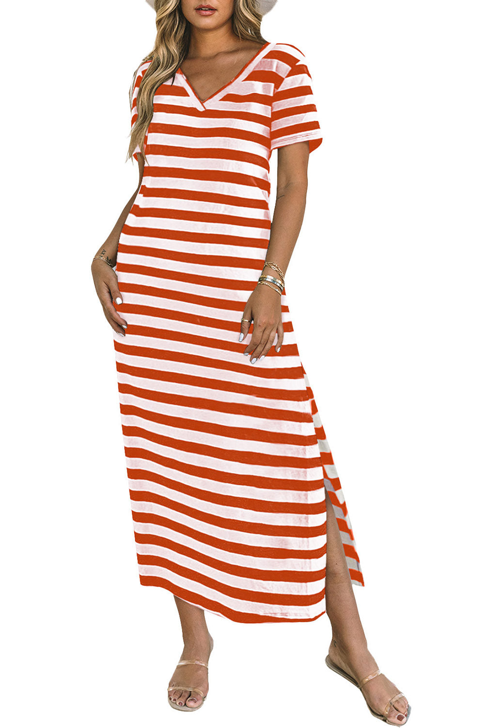 Black Stripe Print V Neck Maxi Dress with Side Splits