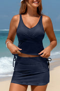 Navy Blue Ribbed Knit Crossed Detail Tank Skort 2pcs Swimsuit