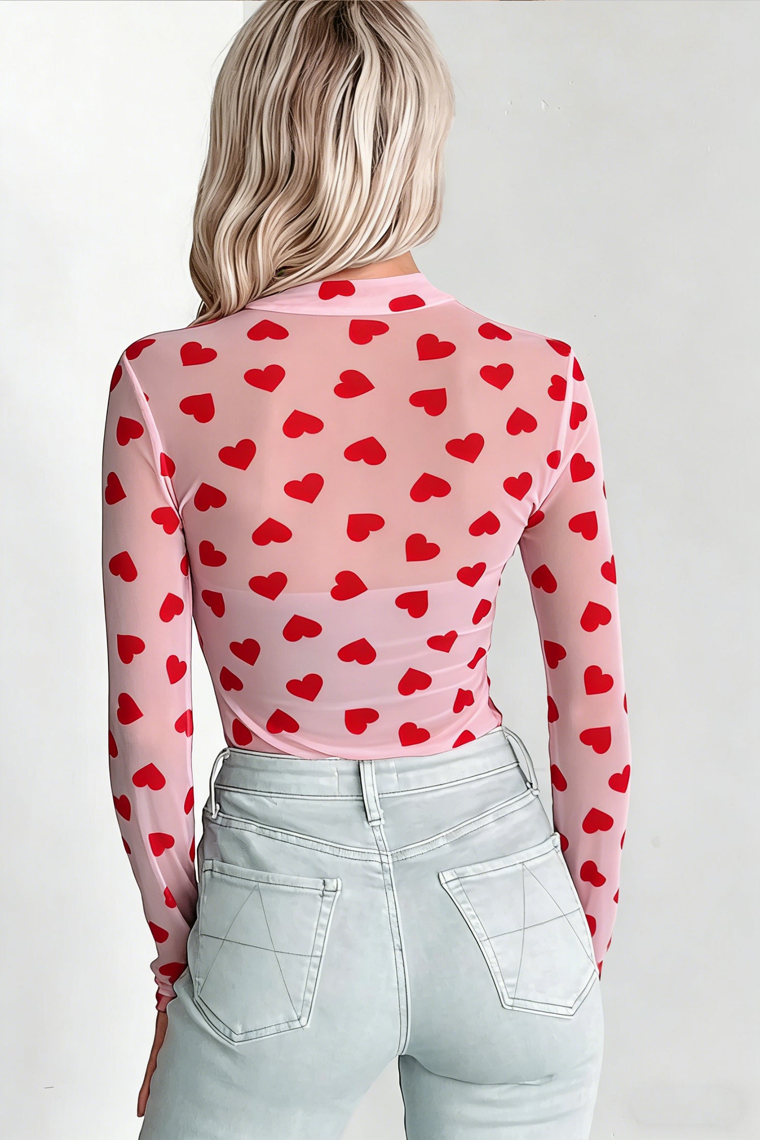 Pink Valentines Heart Printed Sheer Mesh Long Sleeve Top