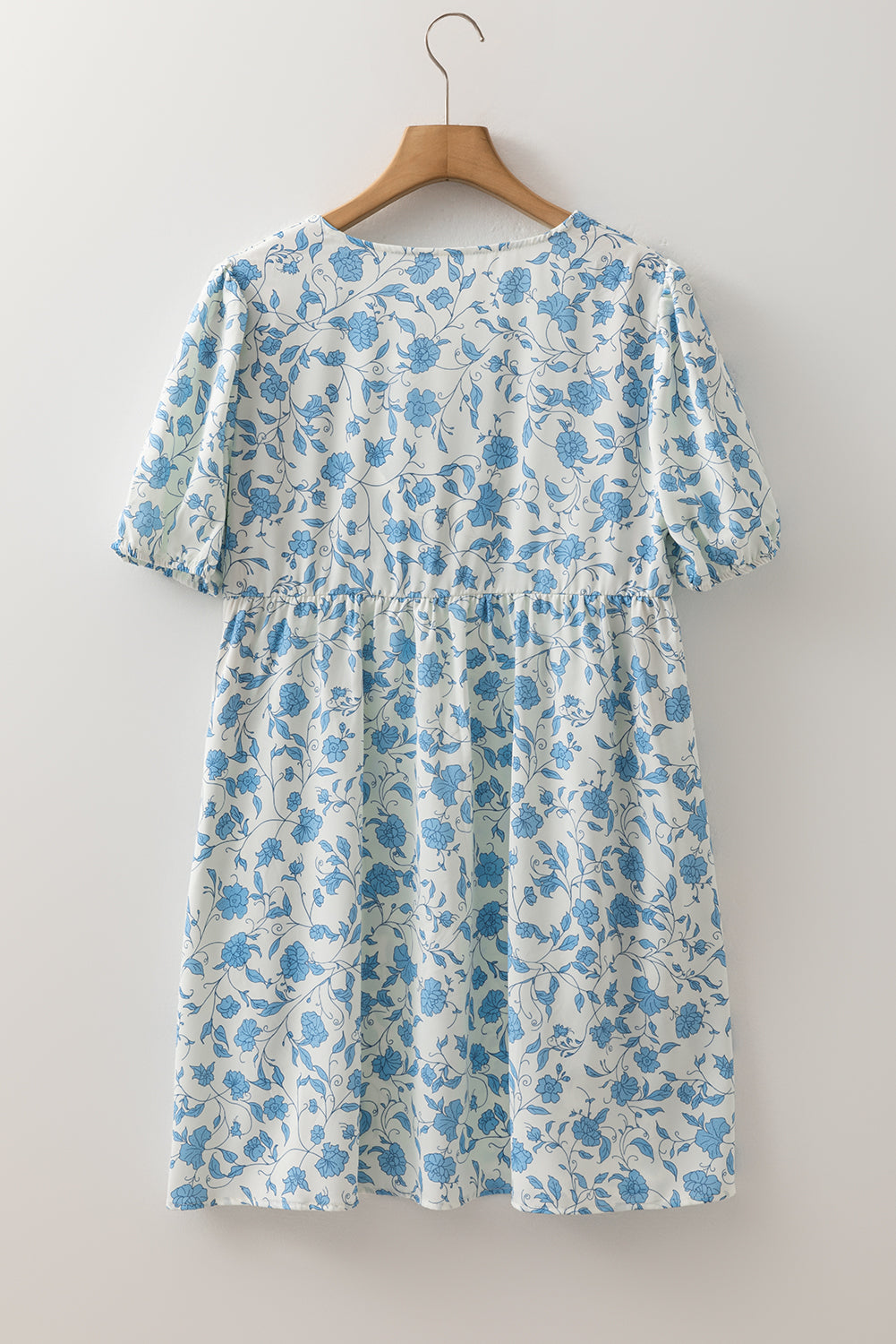 Sky Blue Floral Contrast Bow Puff Sleeve Mini Dress