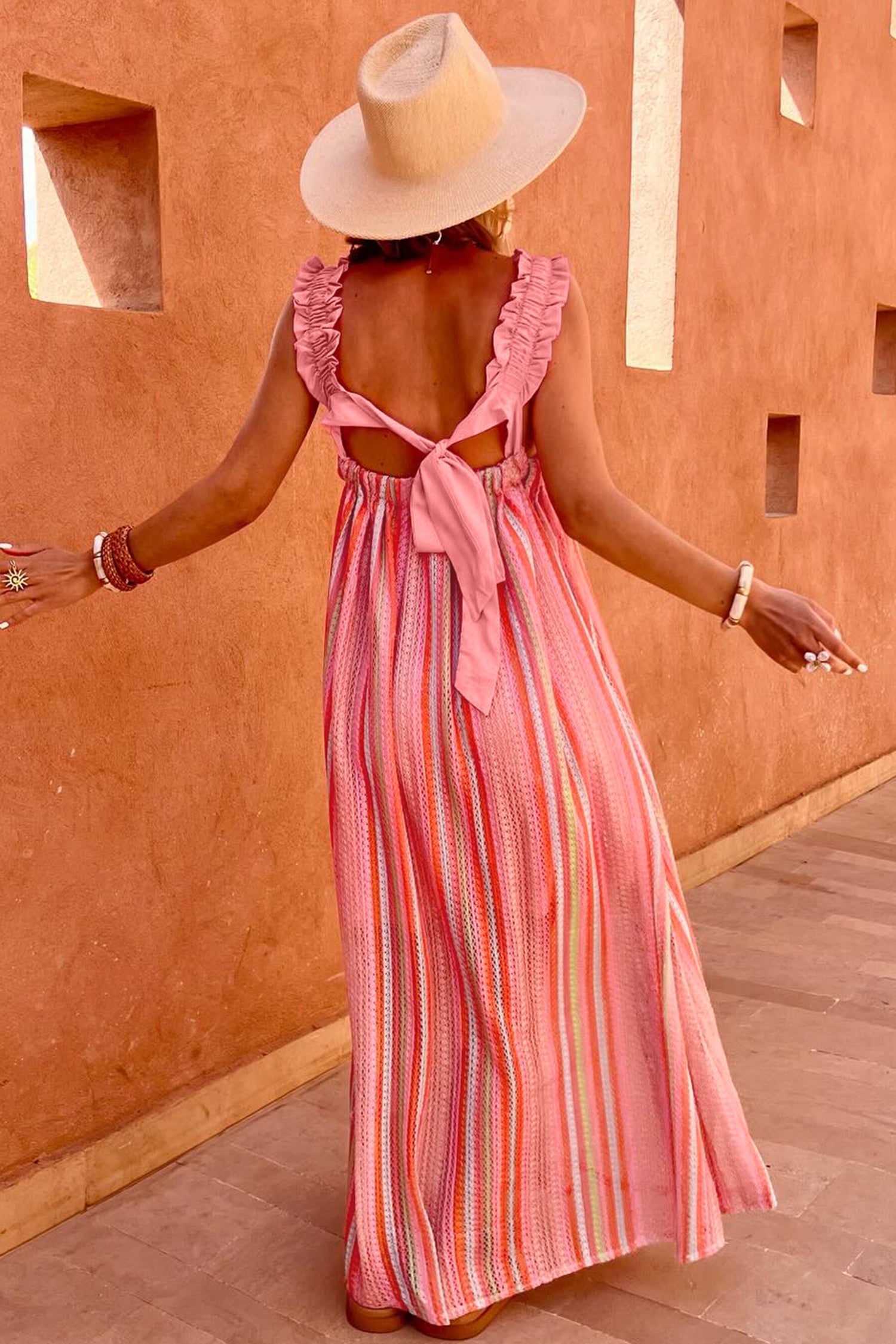 Sunny Angela Women's Striped Bohemian Ruffled Strap Ribbon Knot Flowy Maxi Dress - Sunny Pink Stripe / M Sunny Angela Women's Striped Bohemian Ruffled Strap Ribbon Knot Flowy Maxi Dress - Sunny Pink Stripe / M