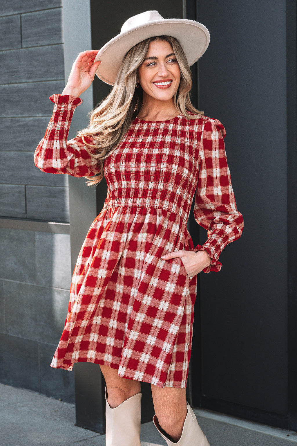Red Plaid Print Smocked Puff Sleeve Mini Dress