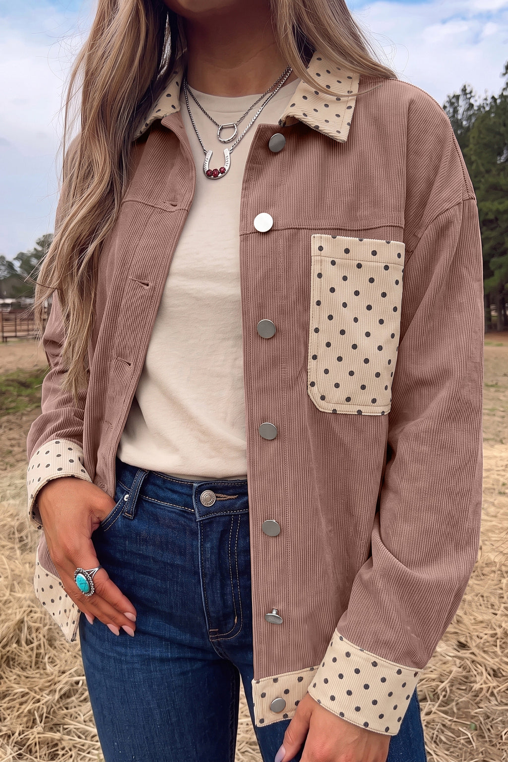 Polka Dot Patchwork Corduroy Button-Front Shacket