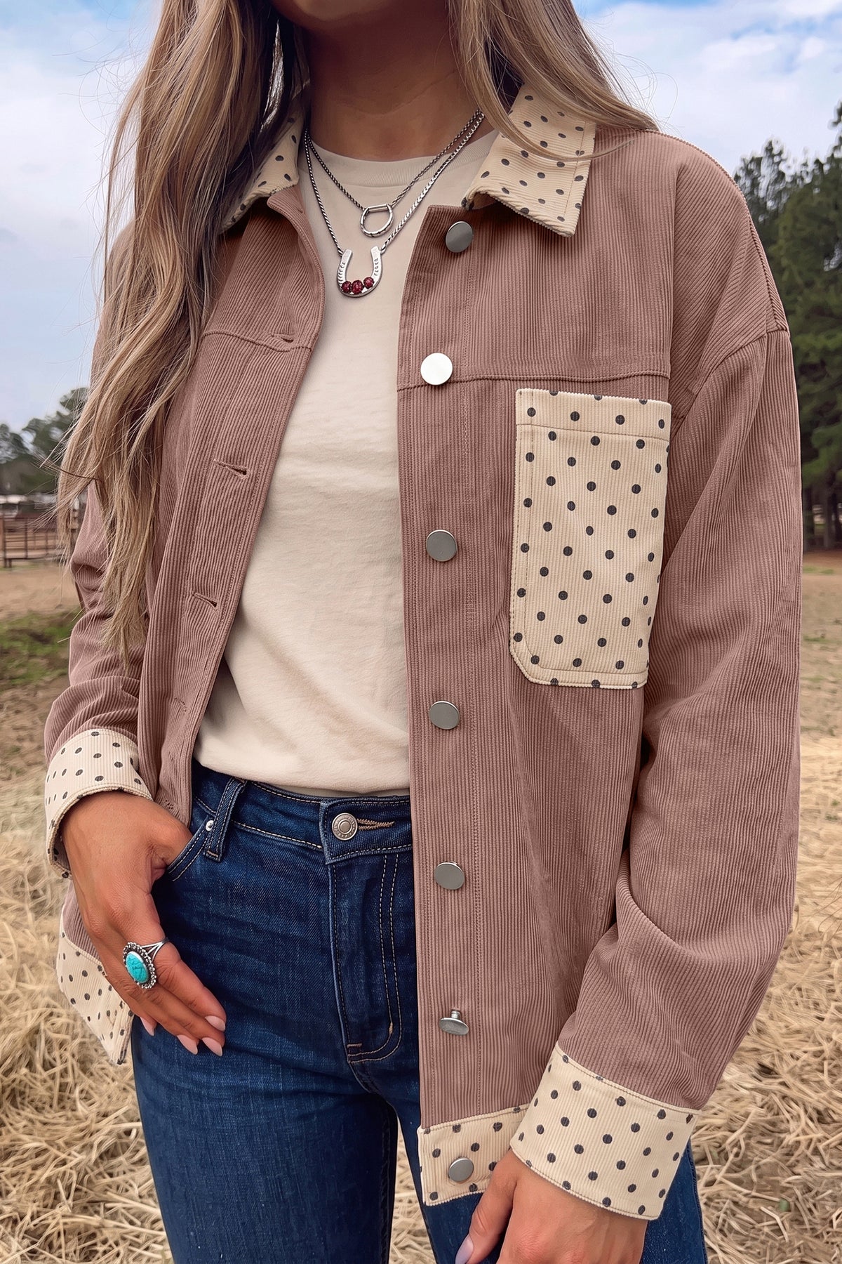 Polka Dot Patchwork Corduroy Button-Front Shacket