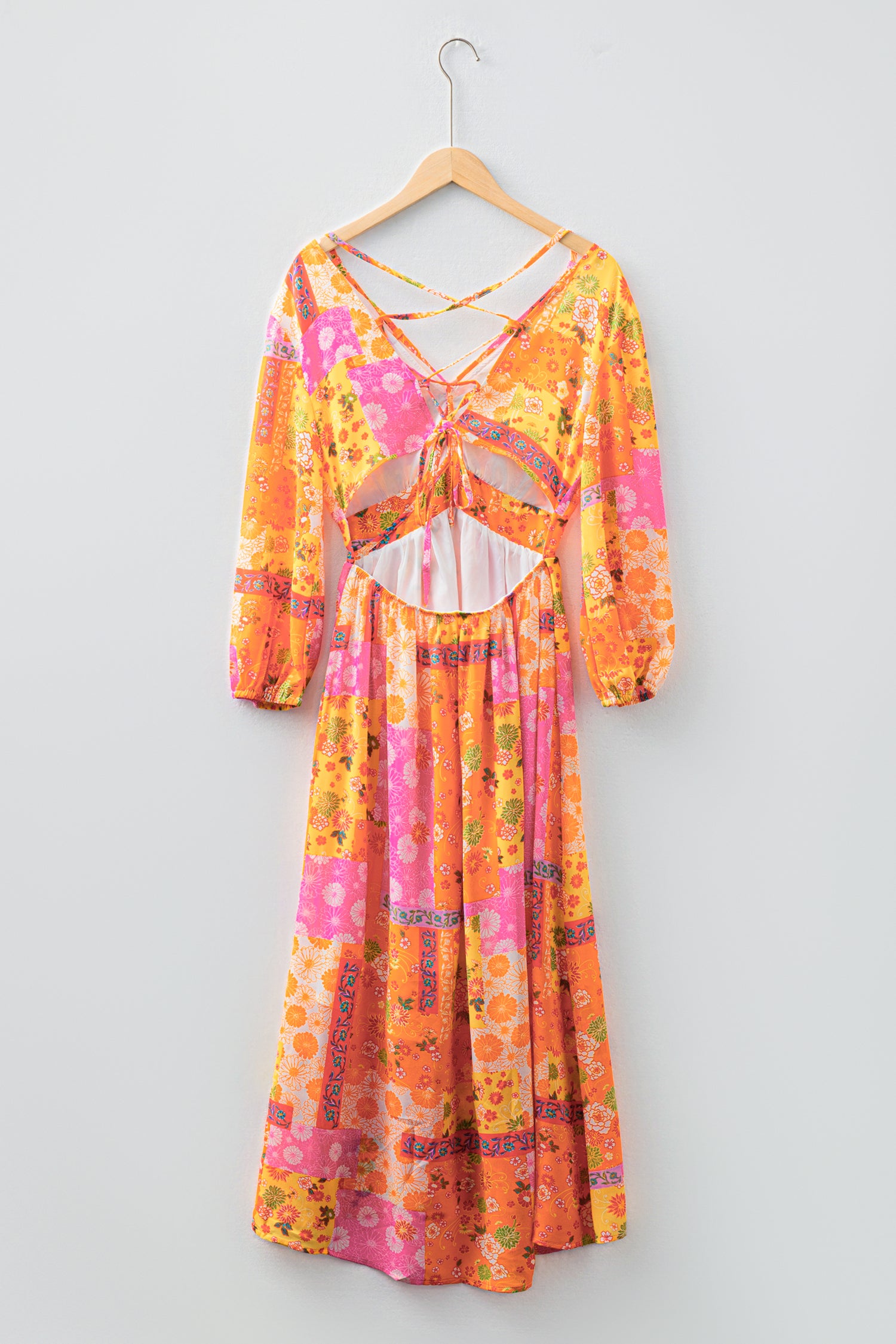 Orange Floral Patchwork Print Cut out Tied Back Bracelet Sleeve Maxi Dress