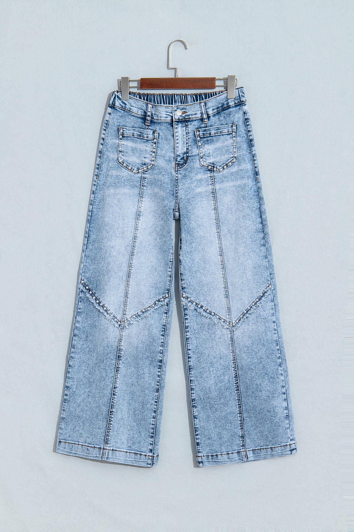 Beau Blue Studded Wide-Leg Jeans with Frayed Detail