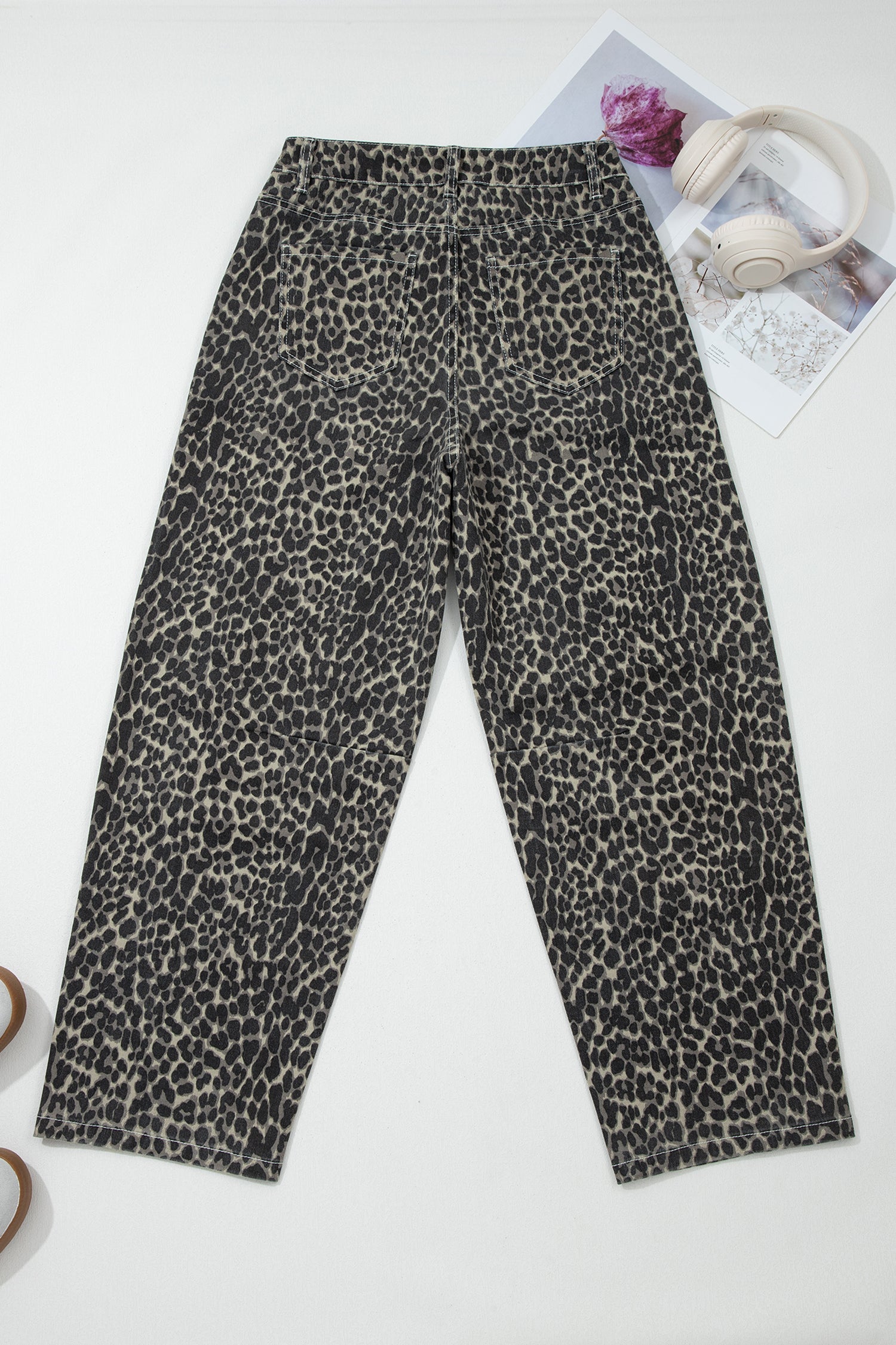Black Leopard Print High Waist Barrel Jeans