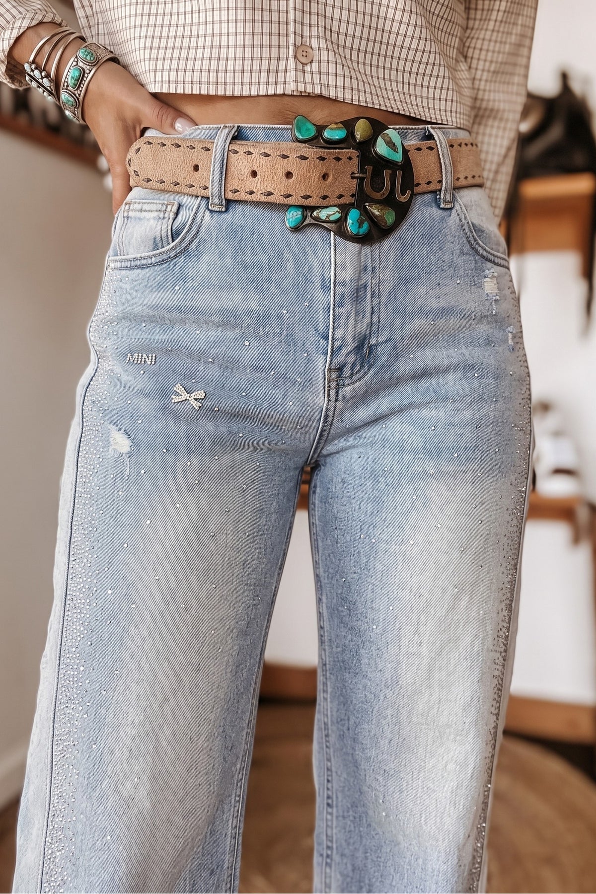 Beau Blue Rhinestone Embellished Ripped Ankle Jeans