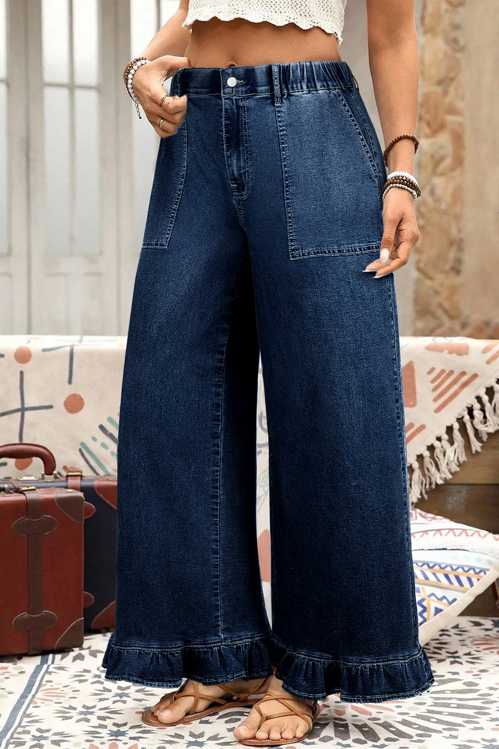 Dirty blue Plus Size Elastic Waist Ruffled Wide Leg Denim Pants