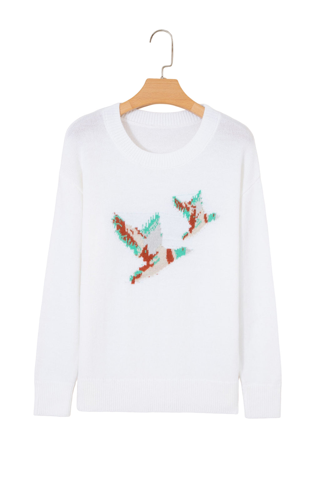 White Drop Shoulder Round Neck Long Sleeve Pullover Sweater