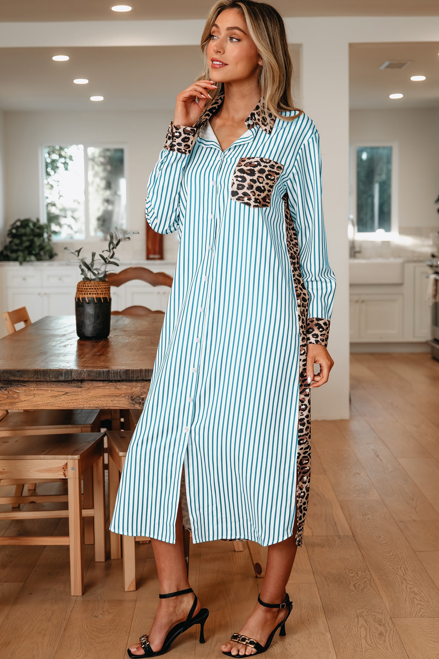 Sky Blue Stripe Contrast Leopard Patchwork Long Shirt Dress with Slits