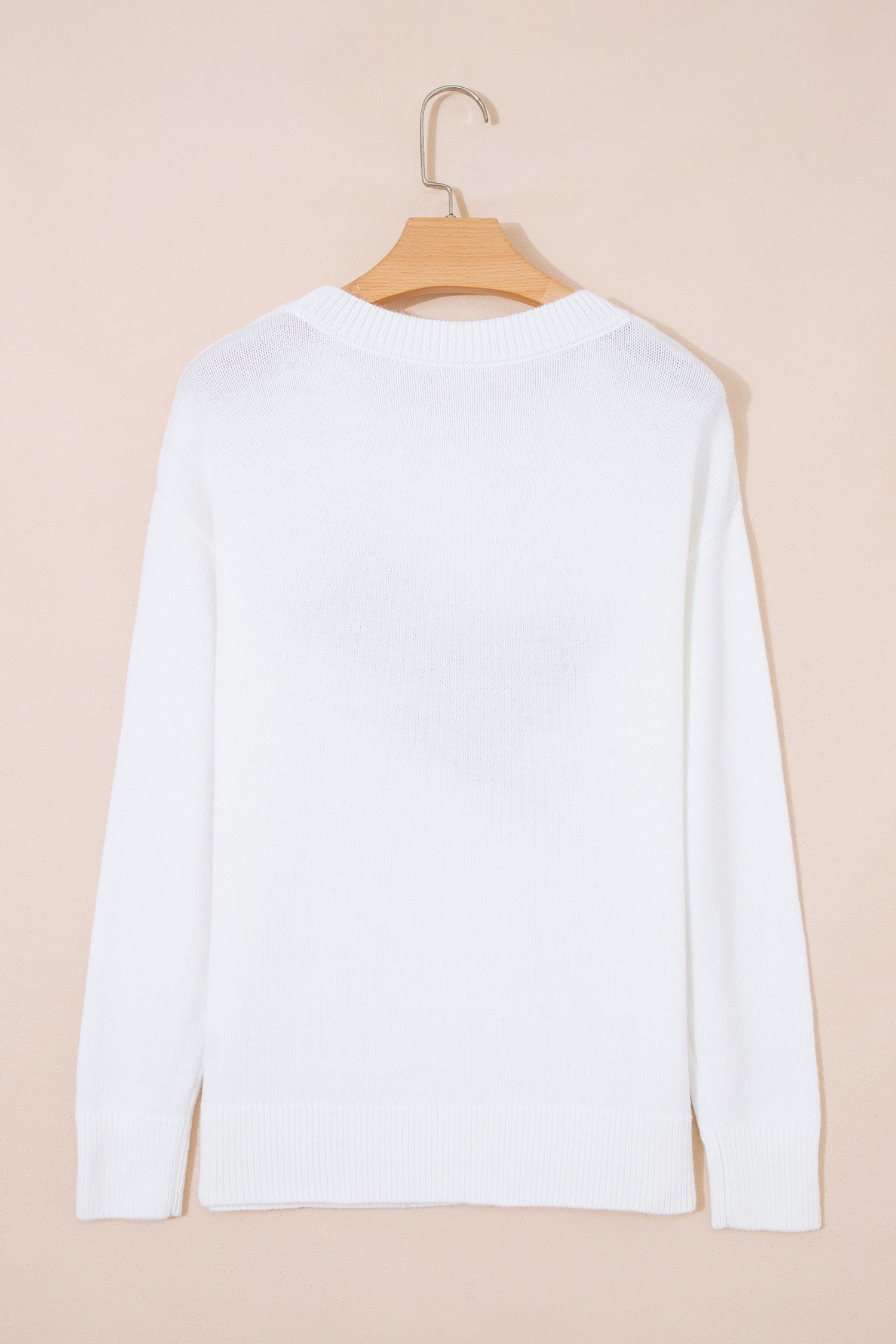 White Drop Shoulder Round Neck Long Sleeve Pullover Sweater