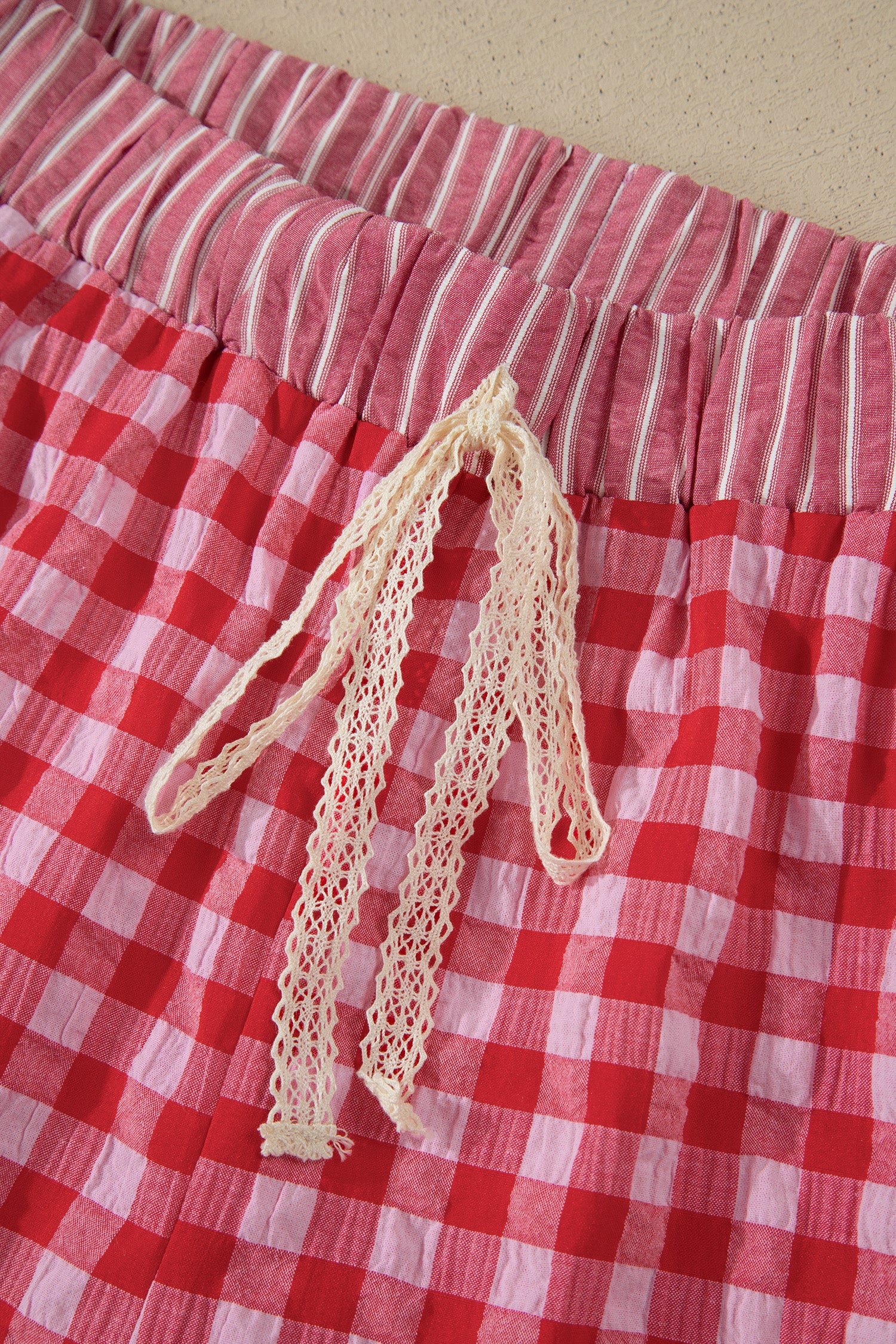 Pink Gingham Print Ruffle Striped Detail Lace Tie Shorts