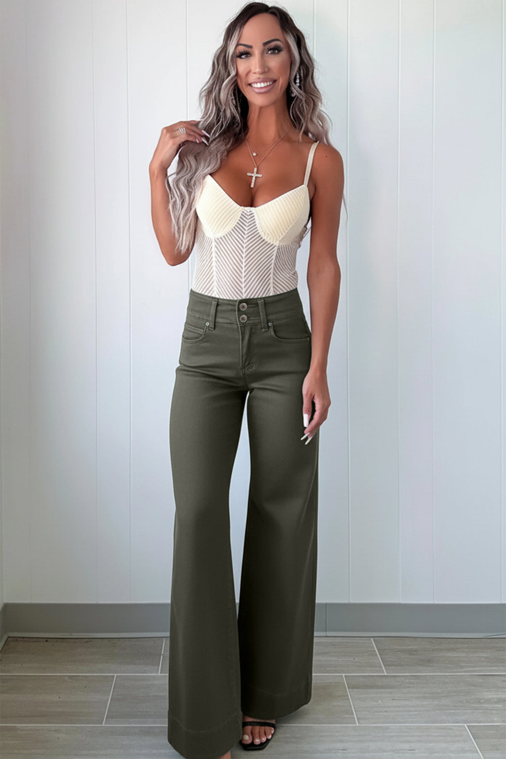 Mist Green 2-Button High Waist Flared Bottom Jeans