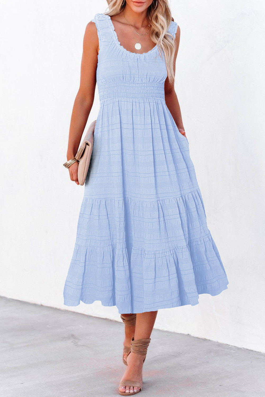 Pink Shirred Pleated Square Neck Sleeveless Midi Dress