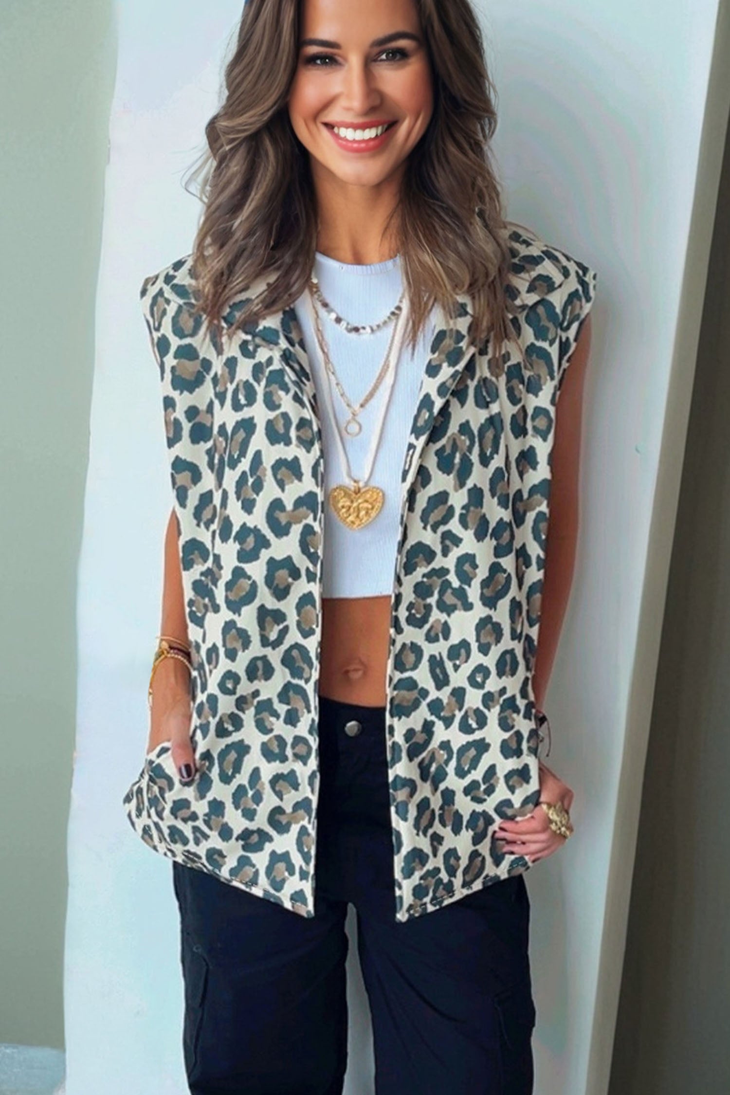 Brown Leopard Open Front Jacket Vest