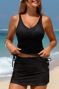Navy Blue Ribbed Knit Crossed Detail Tank Skort 2pcs Swimsuit
