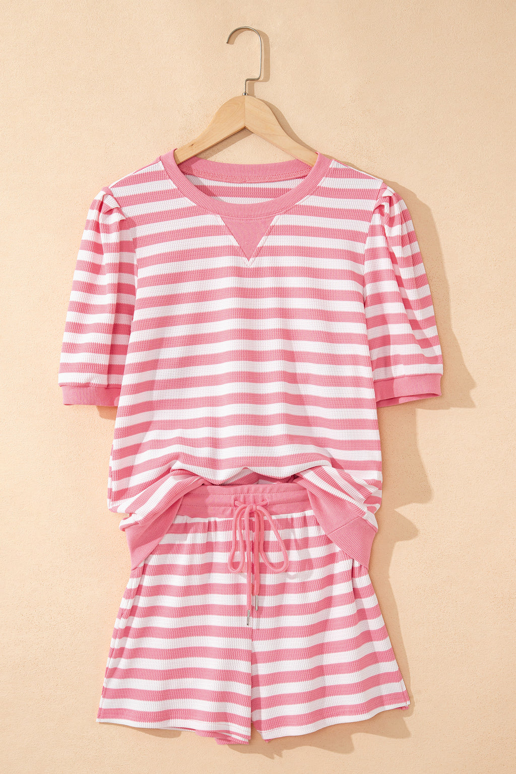 Red Stripe Puff Short Sleeve T Shirt Matching Shorts Set
