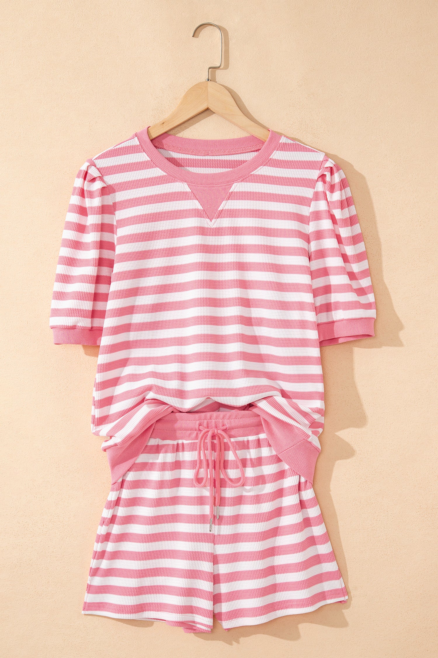 Red Stripe Puff Short Sleeve T Shirt Matching Shorts Set
