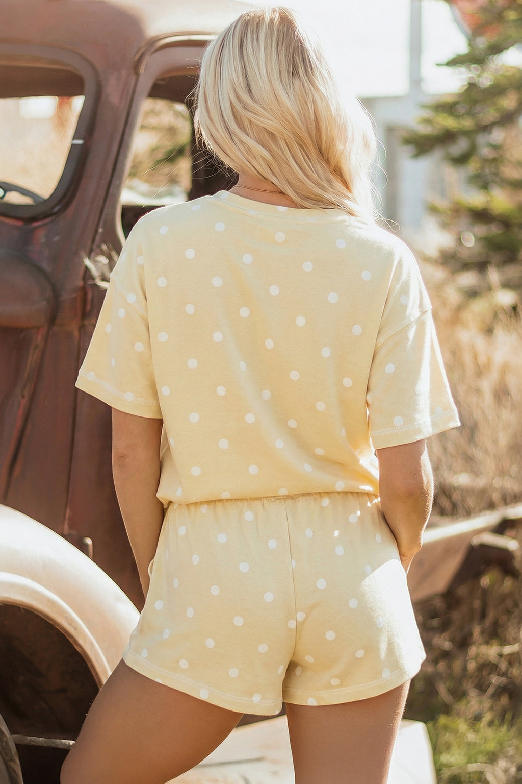 White Exposed Seam Detail Polka Dot Loose Tee Drawstring Shorts Set