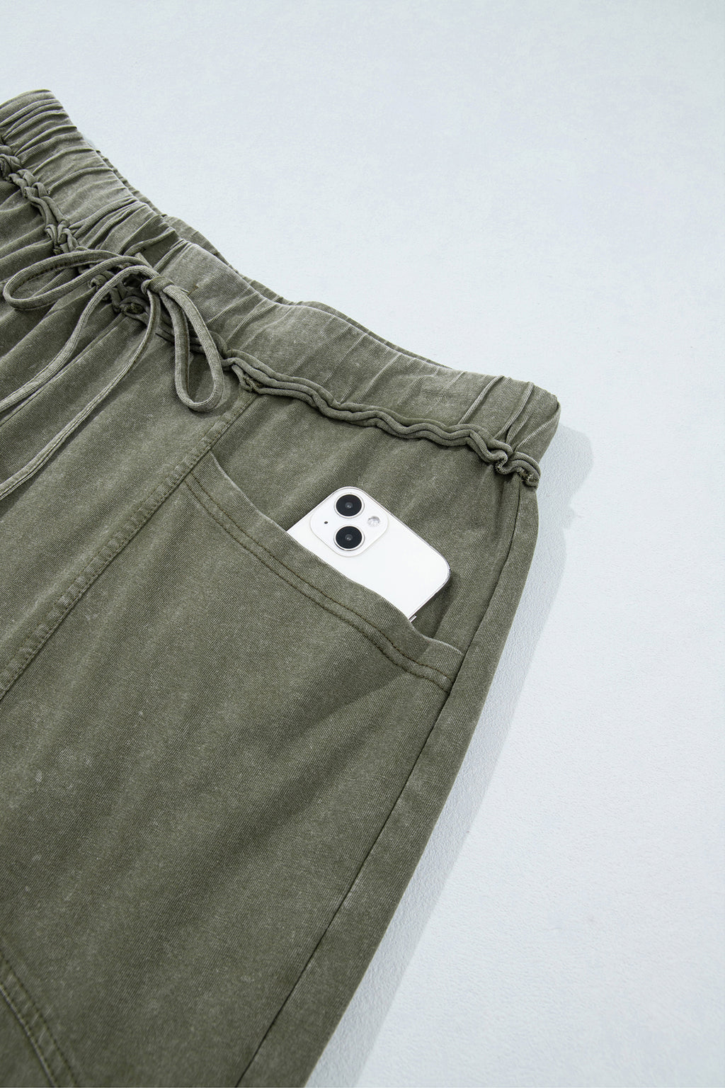Jungle Green Mineral Wash Seam Detail Flare Leg Drawstring Pants