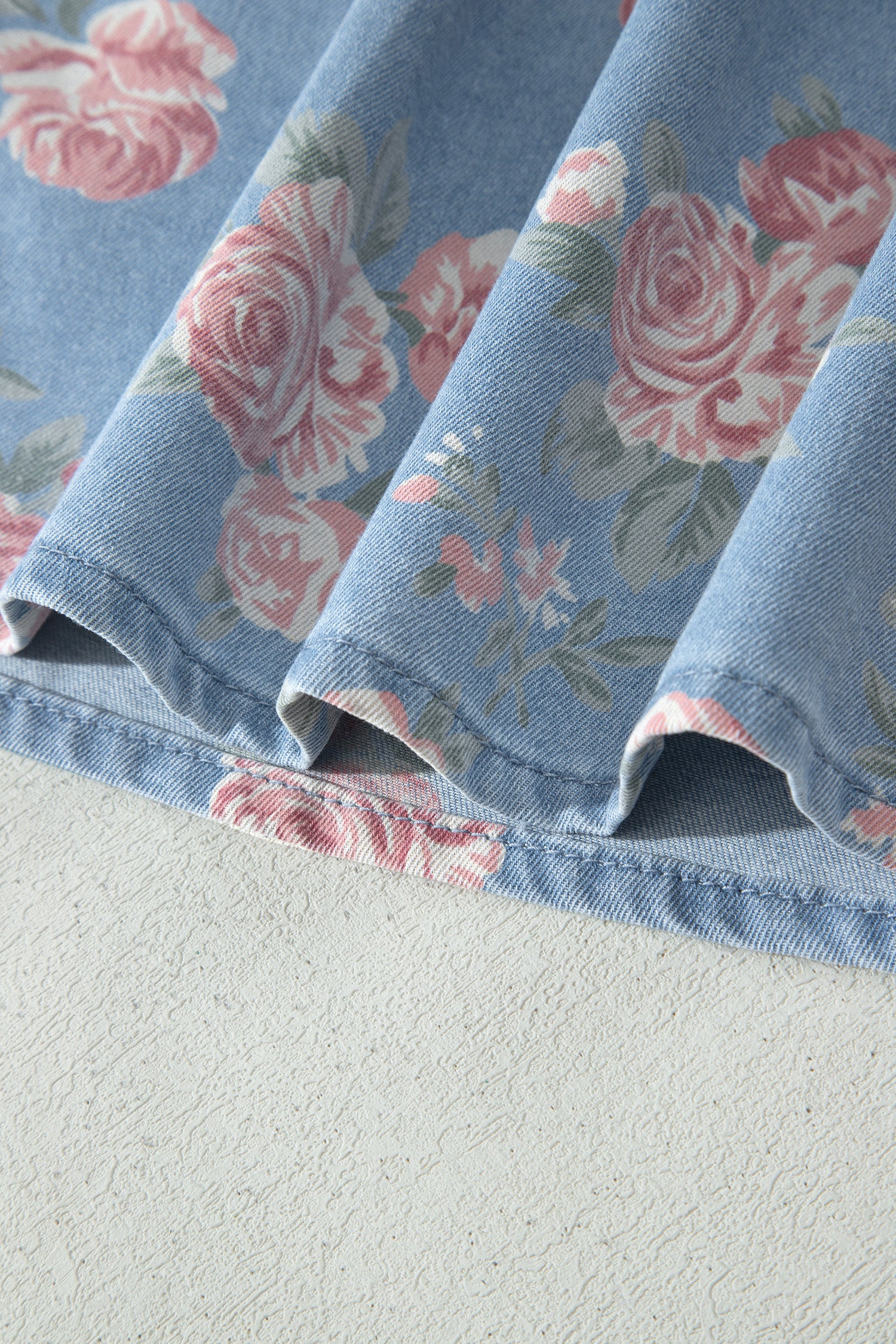 Sky Blue Floral Denim Short Sleeve Top Loose Shorts 2pcs Set