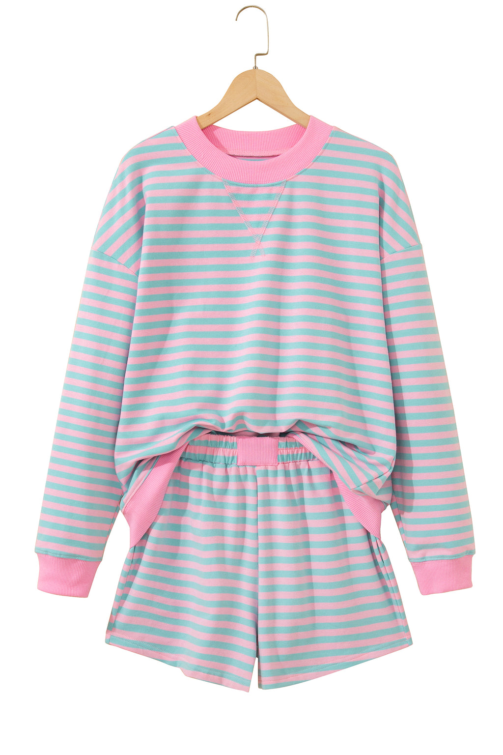 Green Stripe Color Block Detail Long Sleeve Pullover Elastic Waist Pull On Shorts 2pcs Set