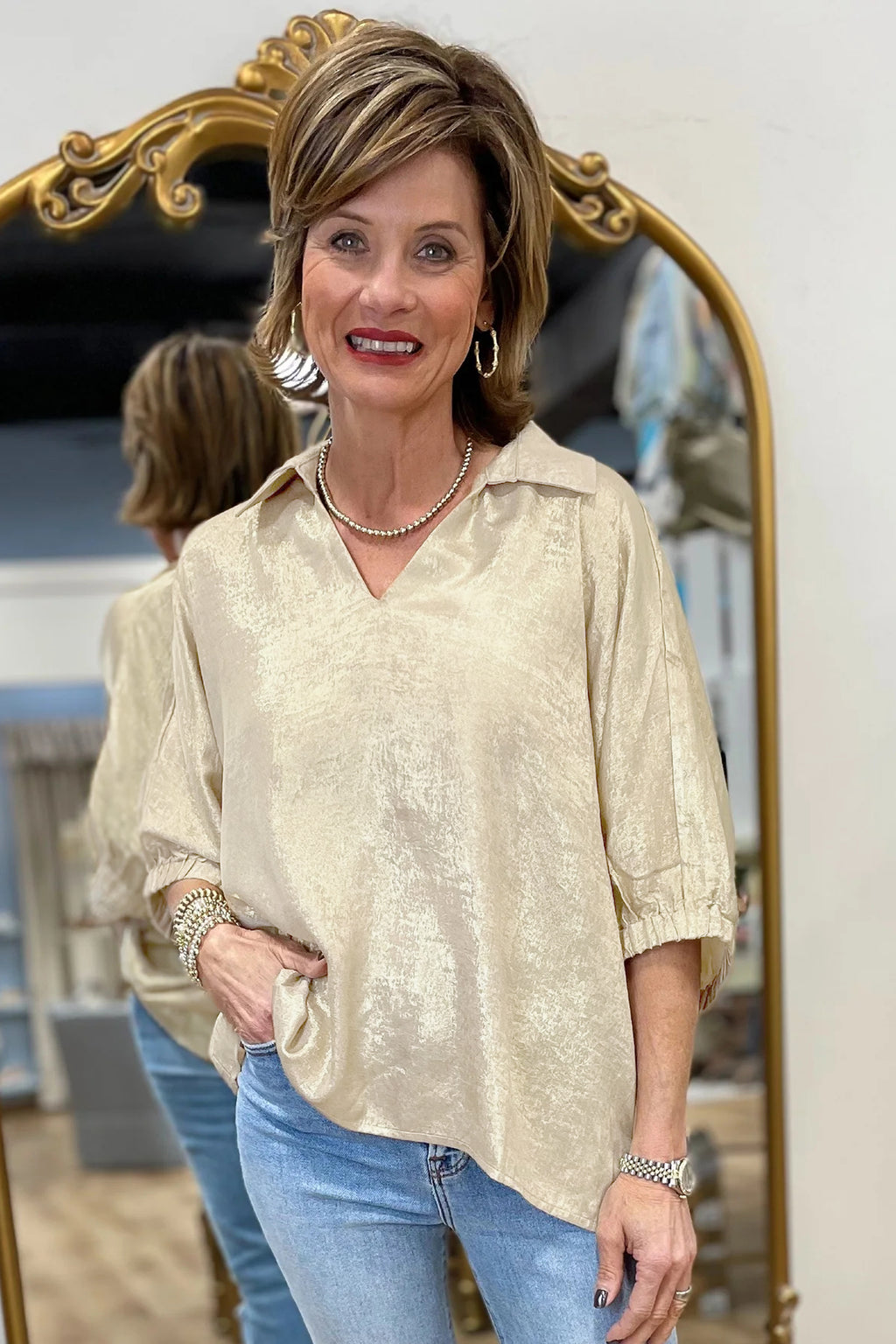 Myosotis Collared V Neck Half Sleeve Metallic Top