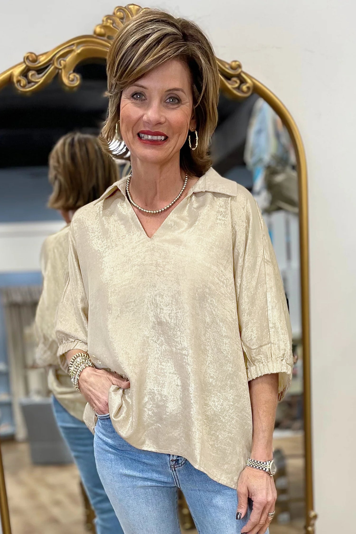 Myosotis Collared V Neck Half Sleeve Metallic Top