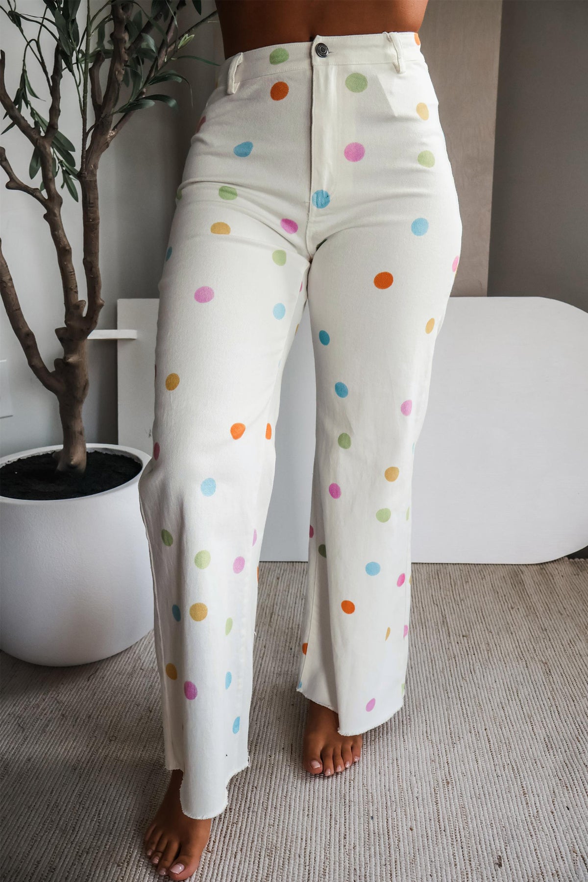 White Polka Dot High-Rise Straight-Leg Jeans