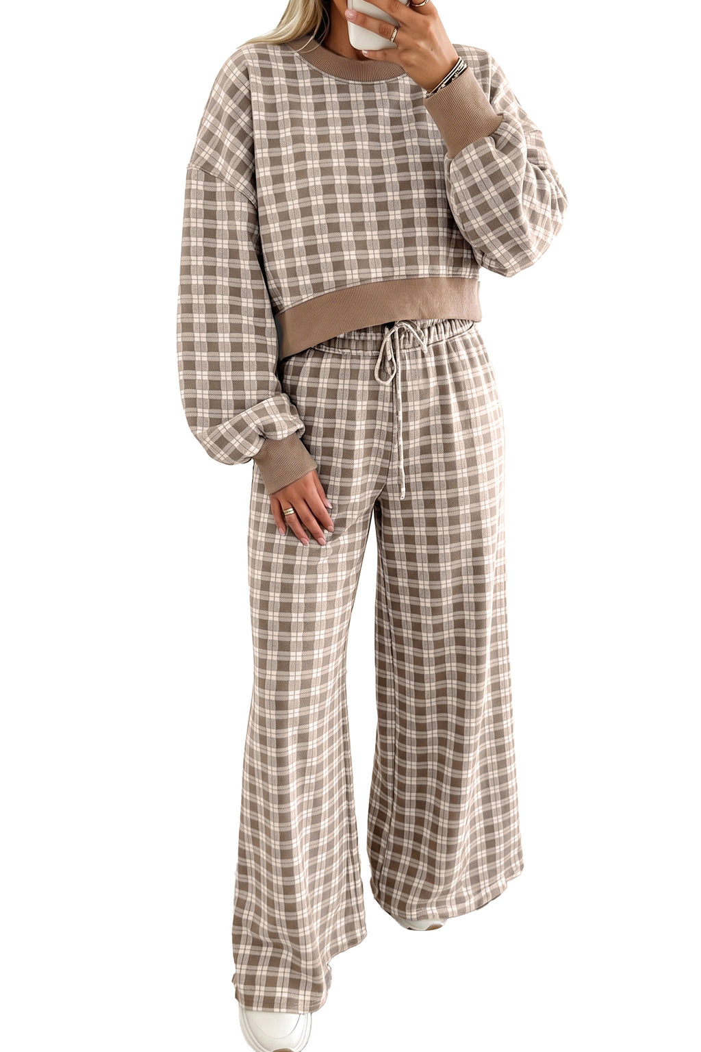 Plaid Cropped Long-Sleeve Top & Wide-Leg Pants Set