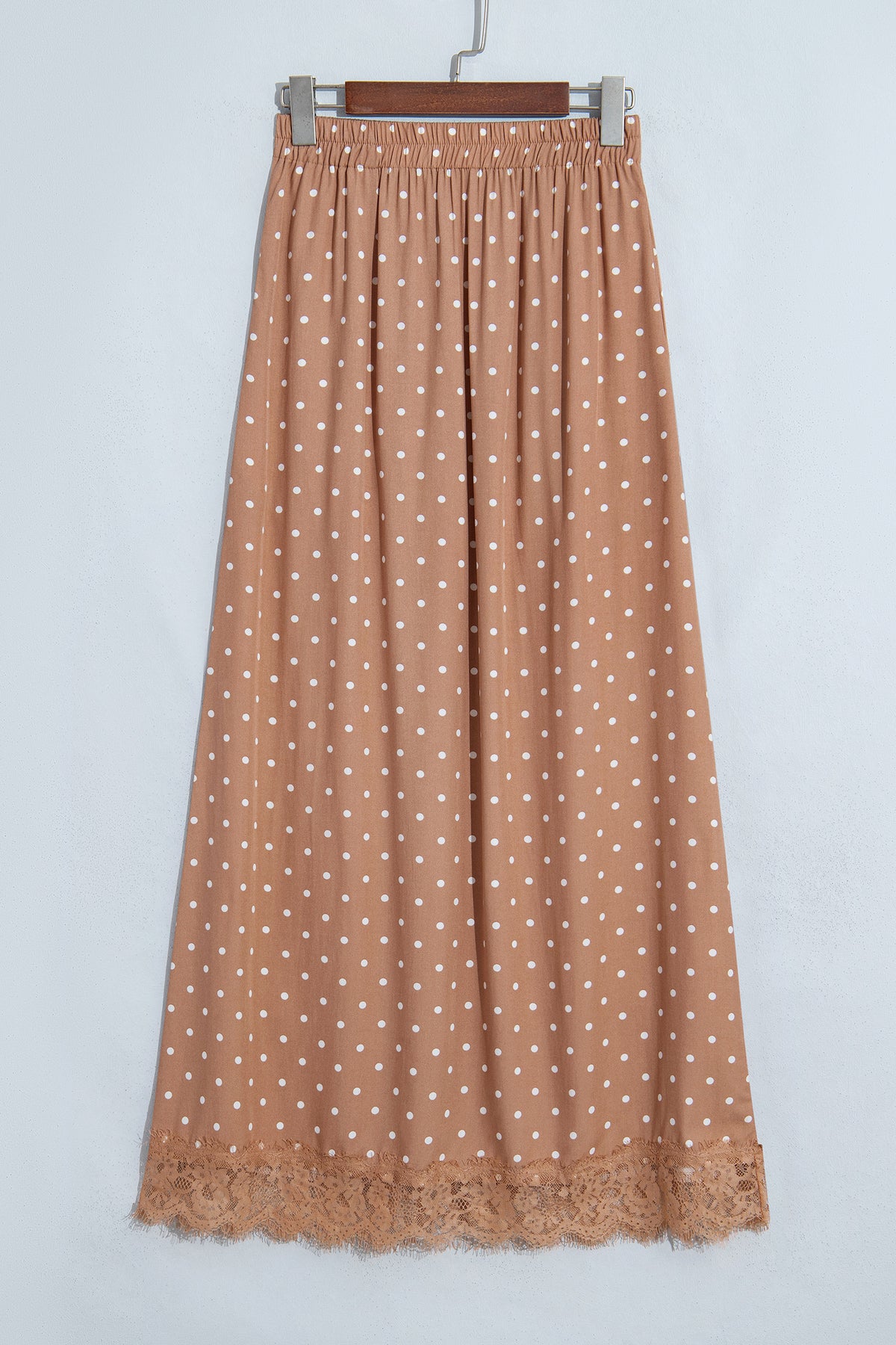 Khaki Polka Dot Lace Hem Elegant Long Shift Skirt