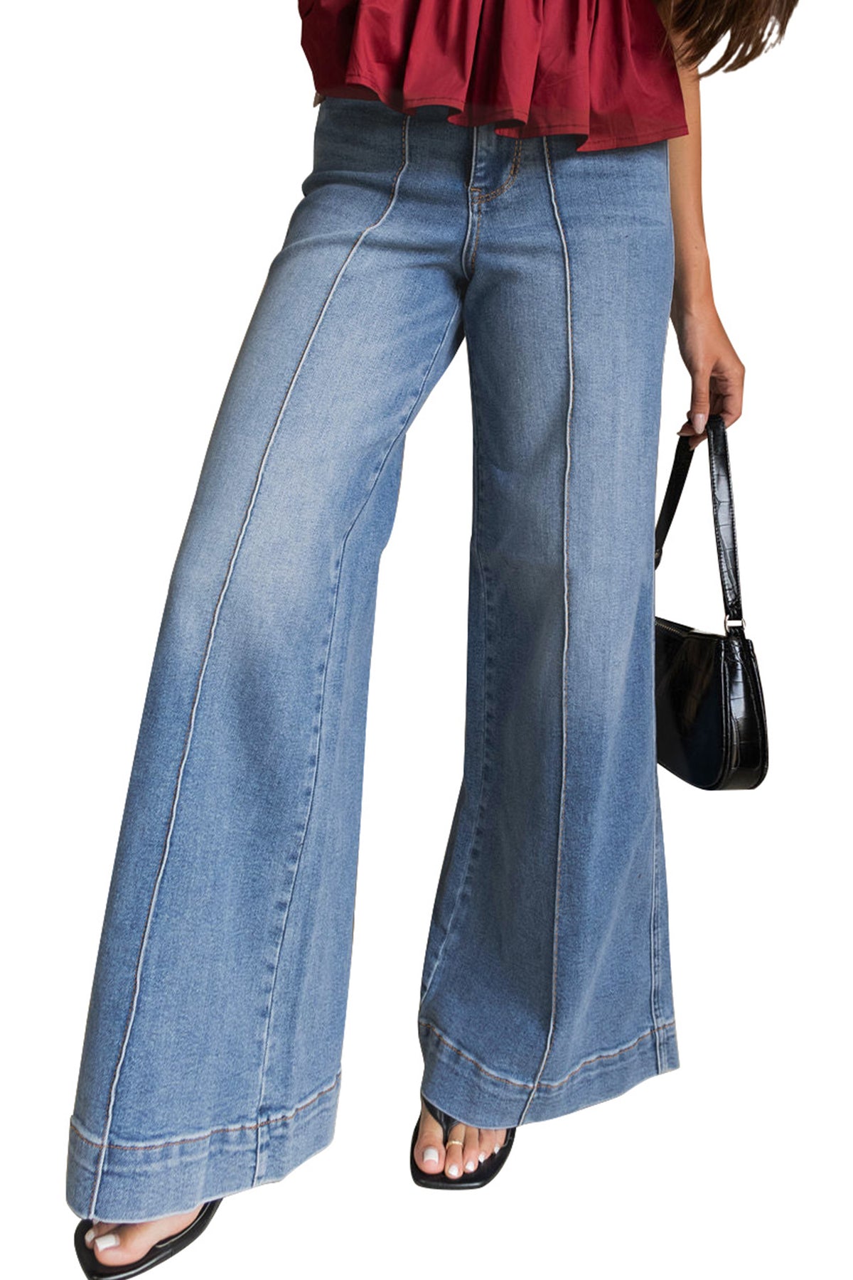 Dusk Blue Piping Seam Detail Flare Leg Pocket Jeans