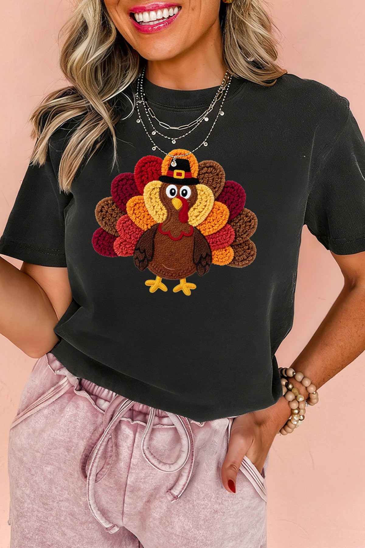 Black Thanksgiving Turkey Printed Graphic Short Sleeve Casual Shift T-Shirt