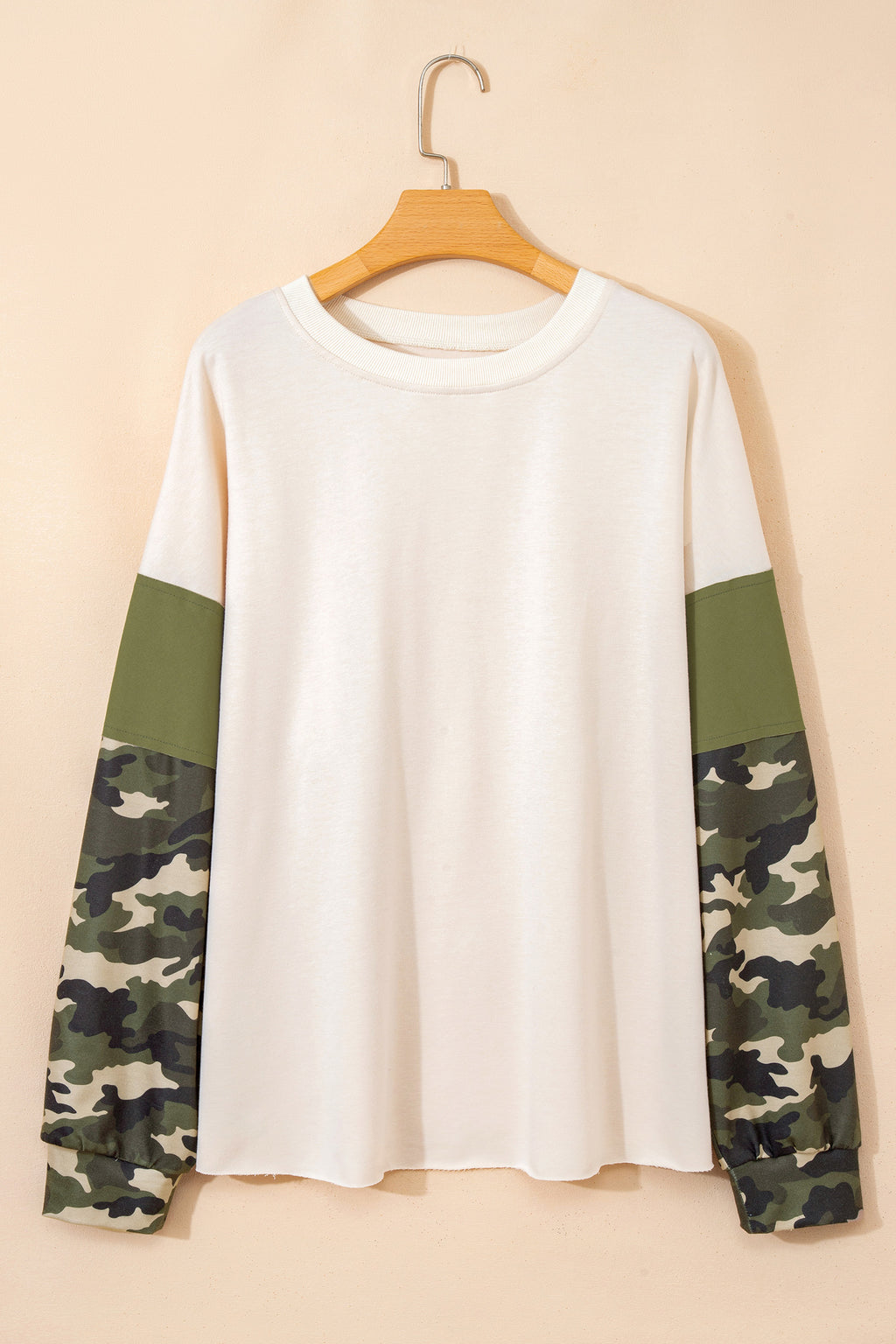 Apricot Camo Print Patchwork Sleeve Raw Hem Plus Size Sweatshirt